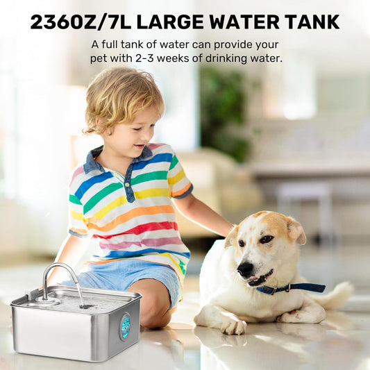FUKUMARU Dog Water Fountain, 1.8 Gal/7L Stainless Steel Large Pet Fountain for Multi-Pet Households, 2026 Upgraded Ultra Quiet Automatic Water Dispenser with 4-Stage Filtration & 3 Filters, Silver