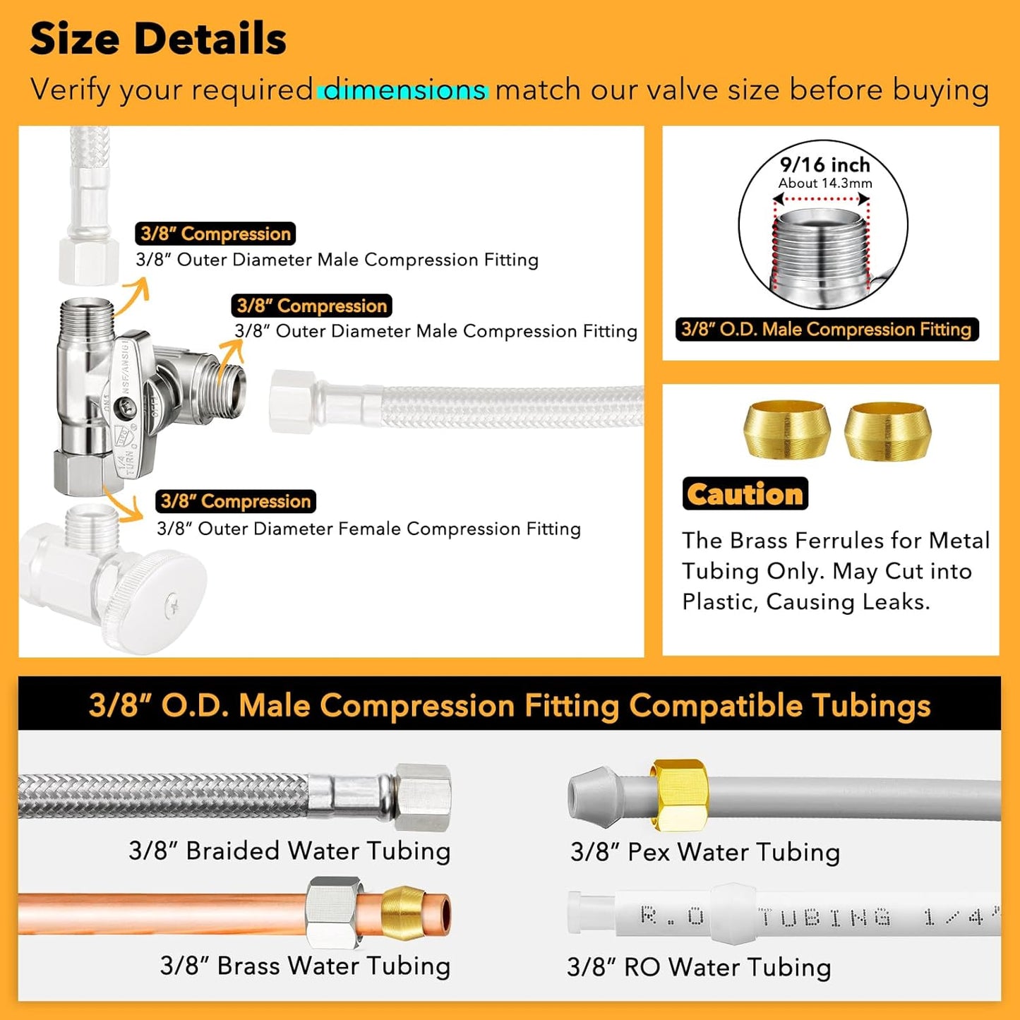 3/8" Brass Compression Angle Stop Valve, Water Line Splitter Connector Tee for Dishwasher, Commercial Sink Faucet, and Water Supply Line (Pack of 1)