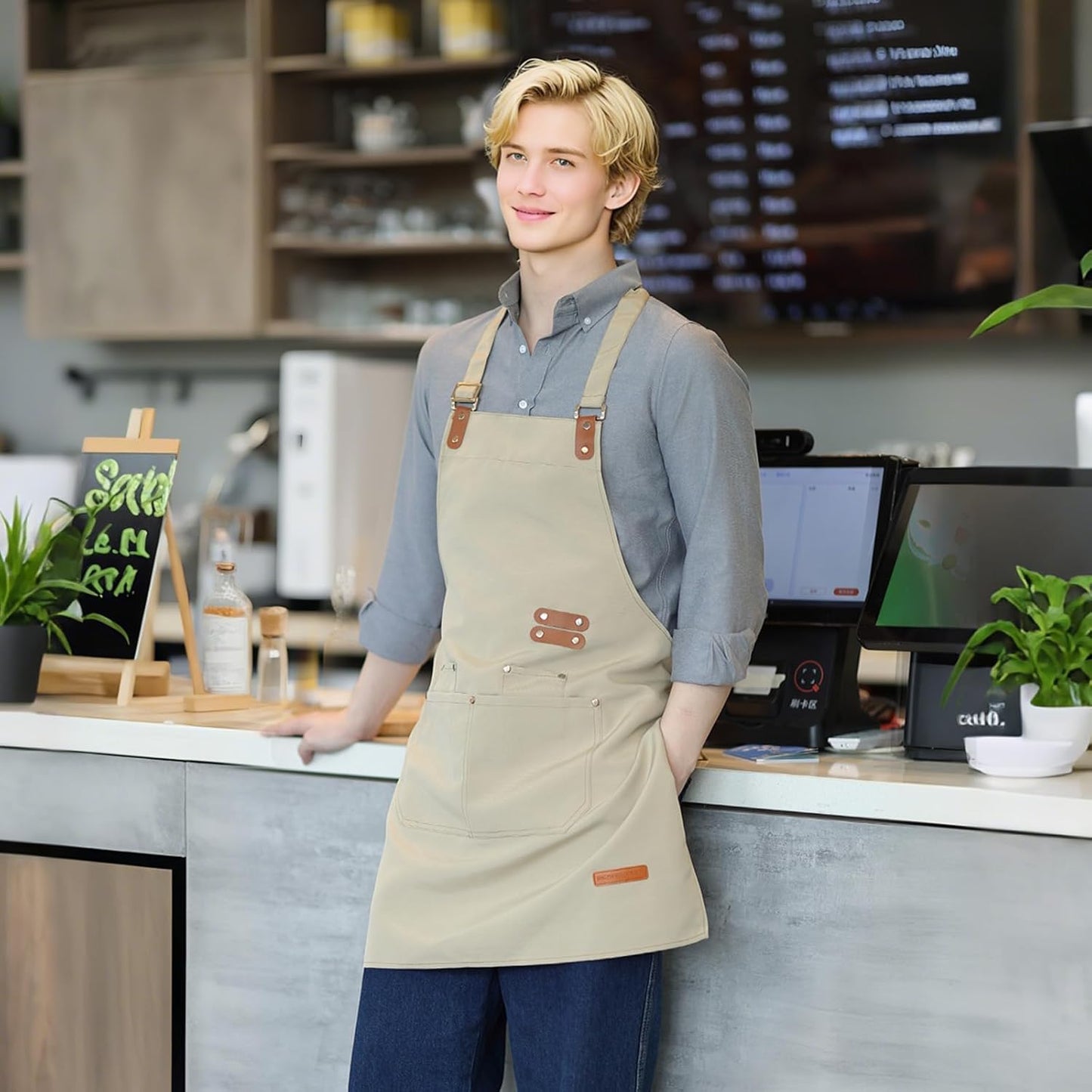 Chef Apron for Men Women with Pockets Adjustable Strap, Water Repellent Apron for Cooking, Baking
