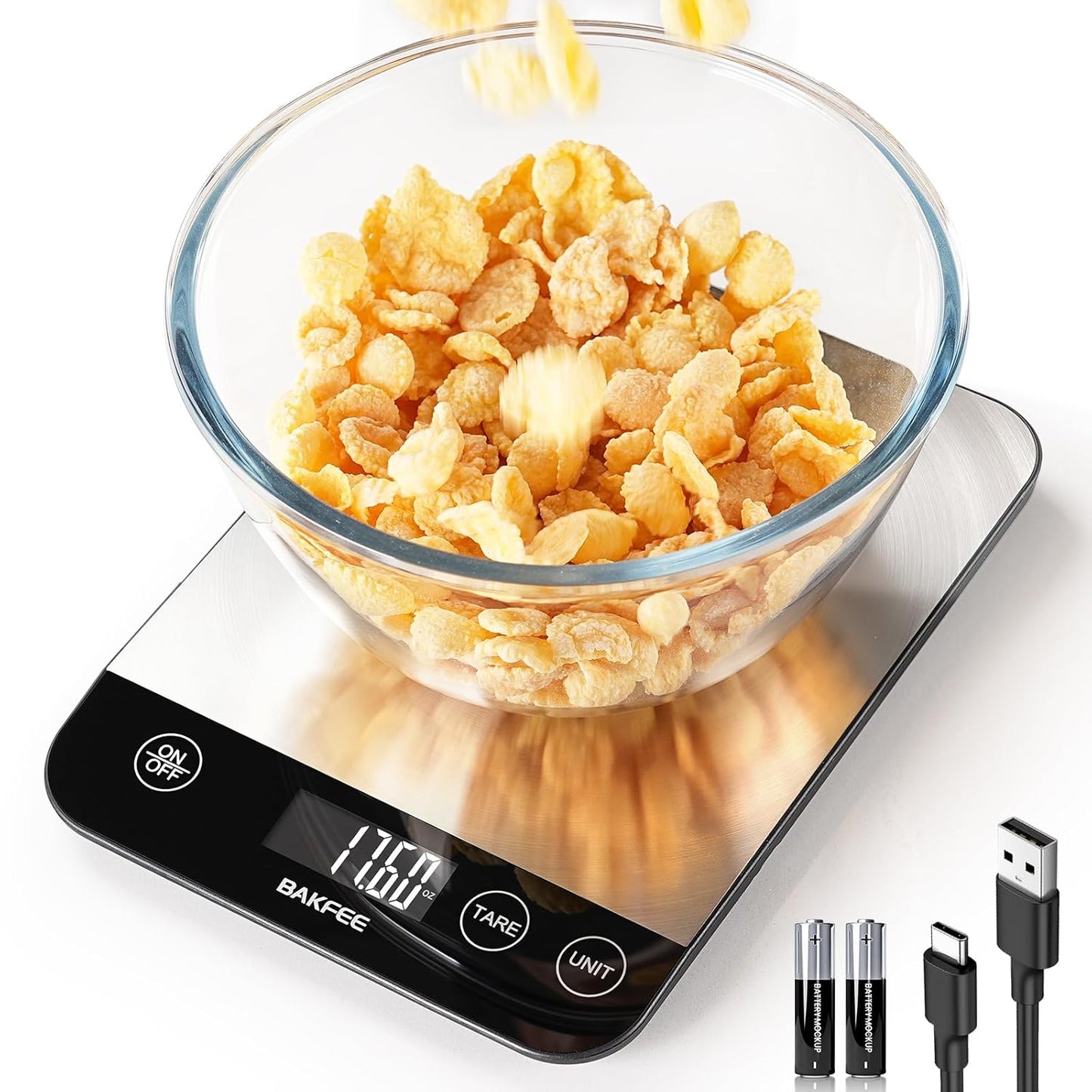 Food Scale, 33lb Rechargeable Kitchen Scale with Stainless Steel, Grams and Ounces, USB Charging, 1g High Accuracy for Baking, Cooking & Food Prep, Black, BK806