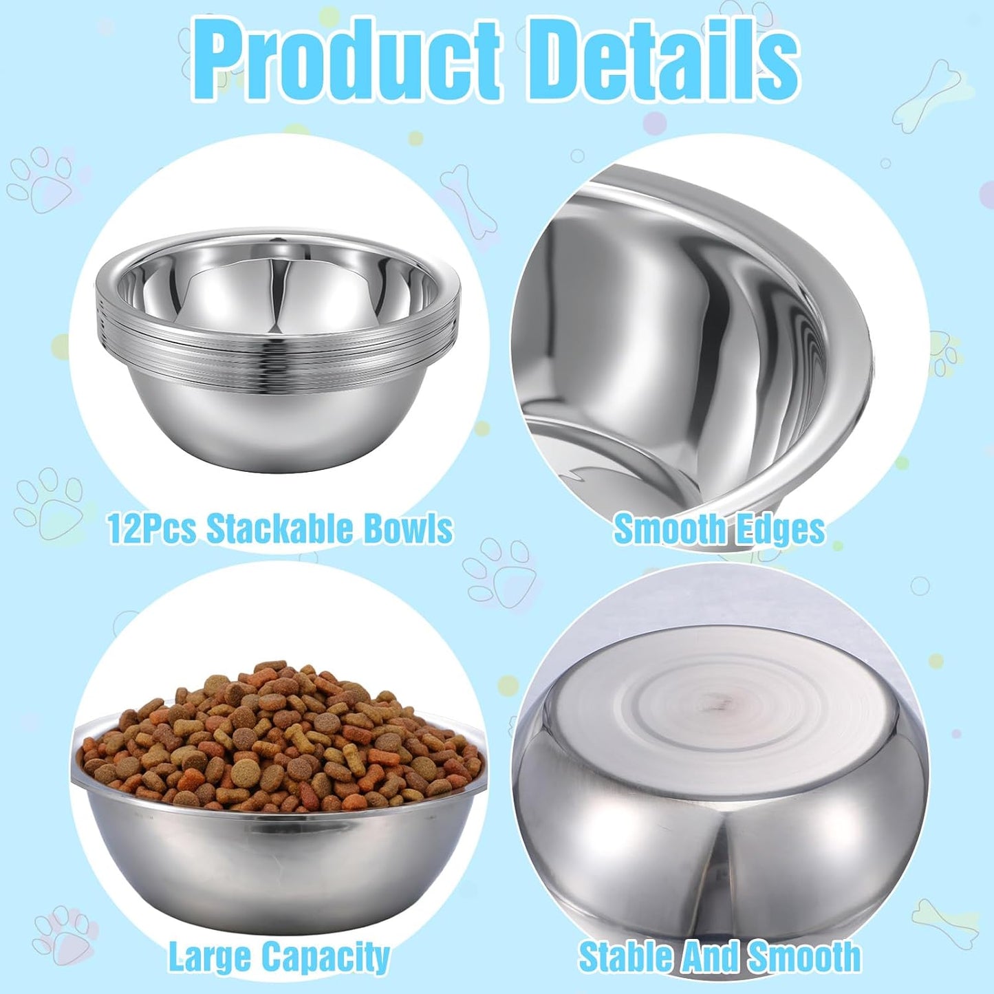 SHENLIU 12 Pcs Stainless Steel Dog and Cat Bowl, 8" Metal Food and Water Dish, Basic Pet Feed Bowl for Large Medium Small Dog, 47 OZ Replacement Bowls for Elevated Stand Kitten Puppy, Dishwasher Safe