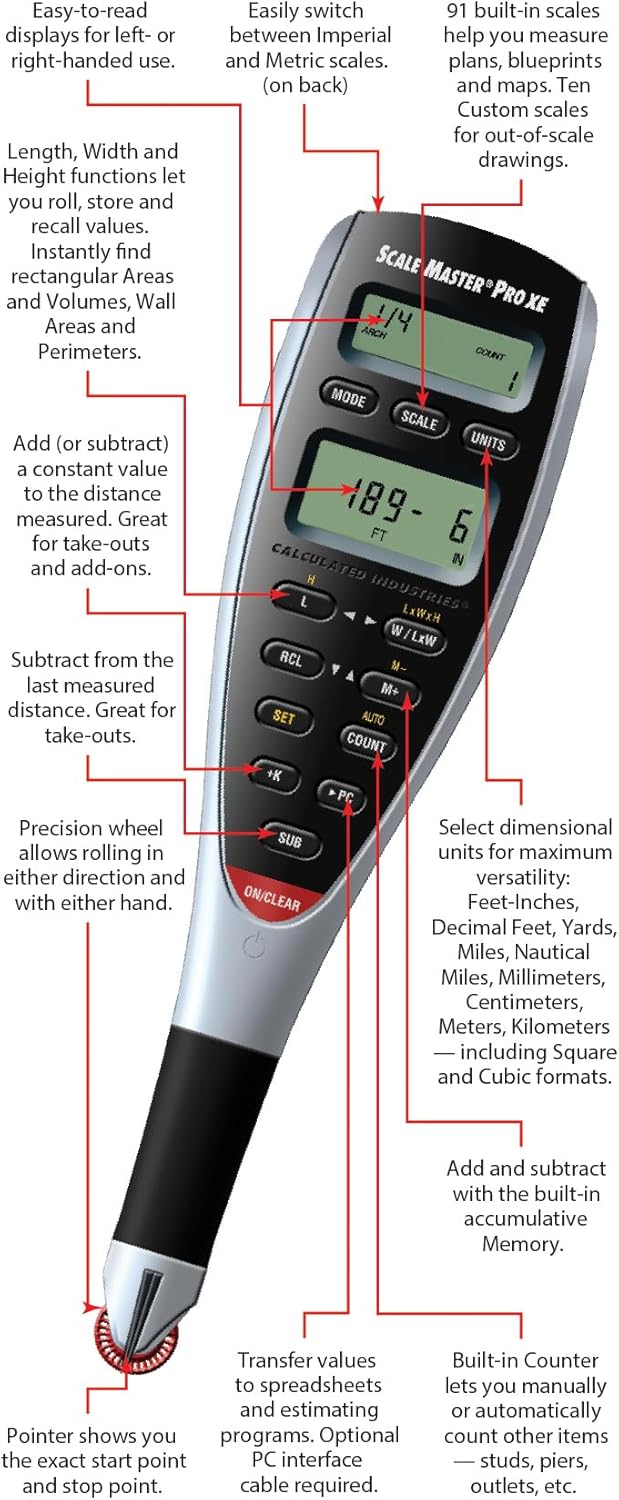 Calculated Industries 6135 Scale Master Pro XE Advanced Digital Plan Measure for Estimating Plan Takeoffs on Printed Blueprints | 91 US Imperial and Metric | 10 Custom Scales for Out of Scale Plans , White