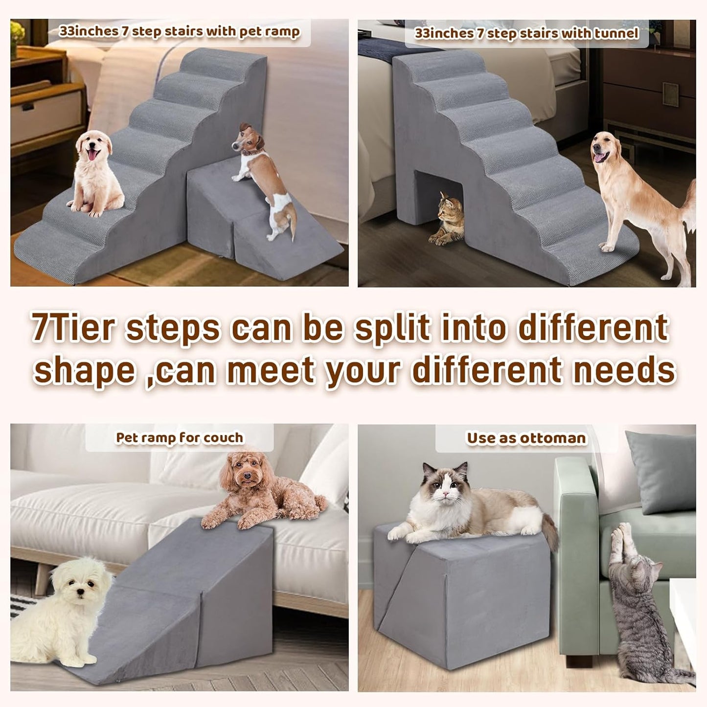 7-Step Dog Stairs for Bed 30-36" H, Dog Steps for High Bed, Pet Steps for Small, Older Pets, Non-Slip Balanced Pet Ramp Indoor, Grey