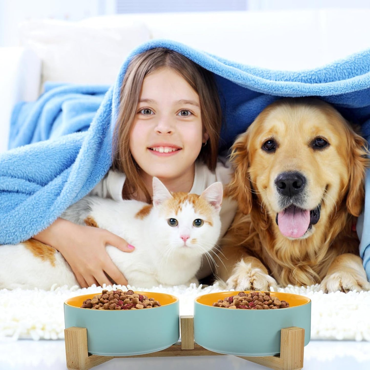 PRETYZOOM Ceramic Cat Bowls Set with Dual Raised Wood Stand, Matte Finish Blue and Yellow Inner Bowls, Small Size Elevated Feeding Station for Kittens and Cats