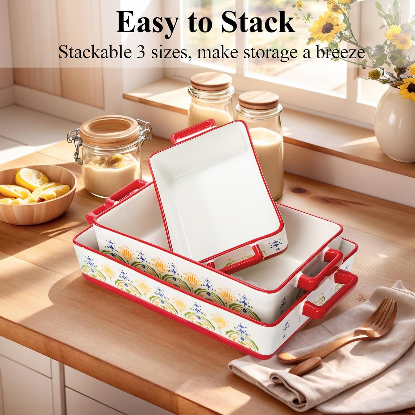Set of 3 Ceramic Baking Dishes, Rectangular Casserole Dish for Oven, Ceramic Bakeware Lasagna Pan Deep with Handles for Cooking, Baking, Wedding Gift, 3 Sizes (12''/10.7''/7.7''), Red