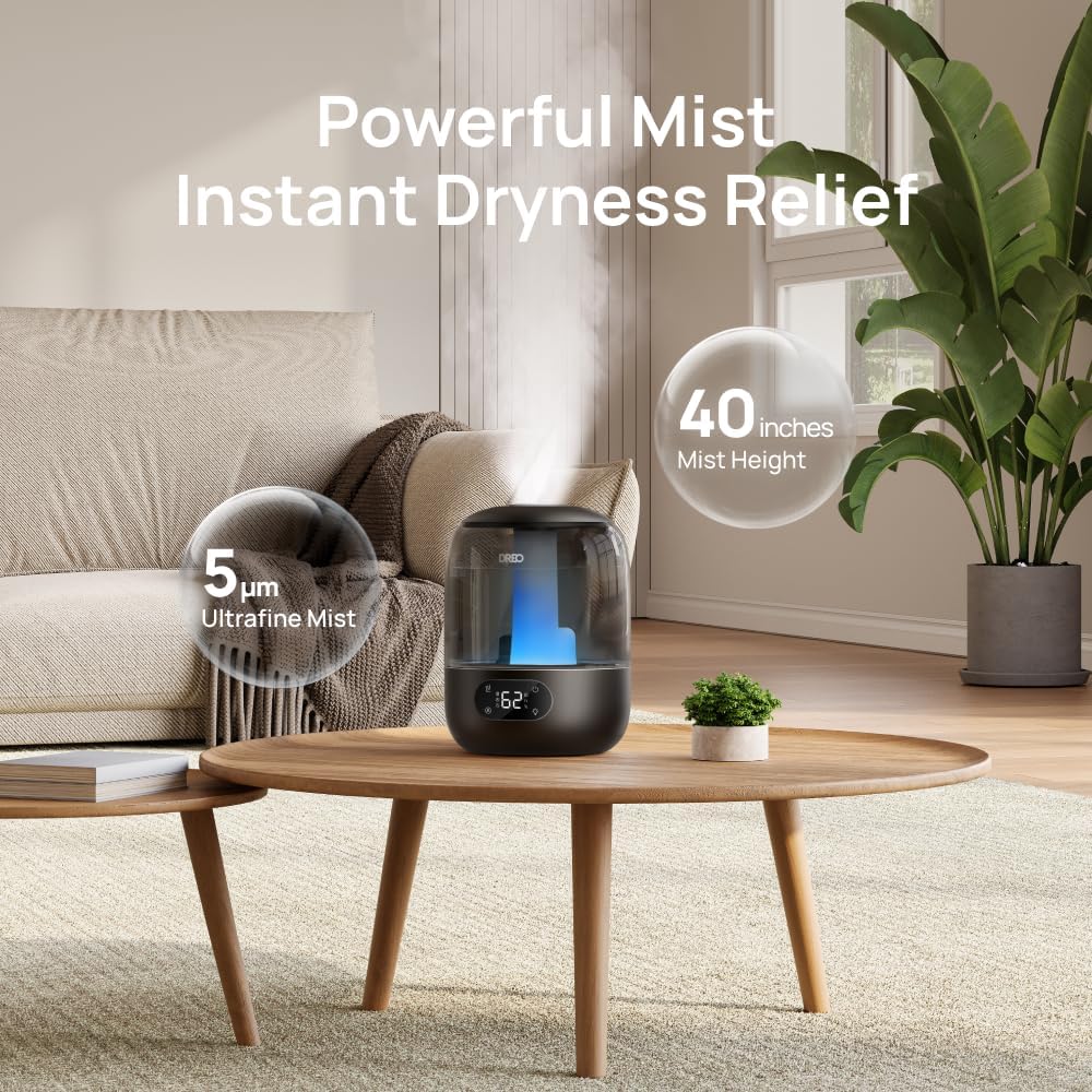 DREO Humidifiers for Bedroom, 3L Top Fill 30H & 26dB Quiet Runtime for Large Room, Cool Mist Ultrasonic Humidifier with Humidity Sensor, Night Light for Home, Baby, Nursery, Plants, 360° Nozzle, Black