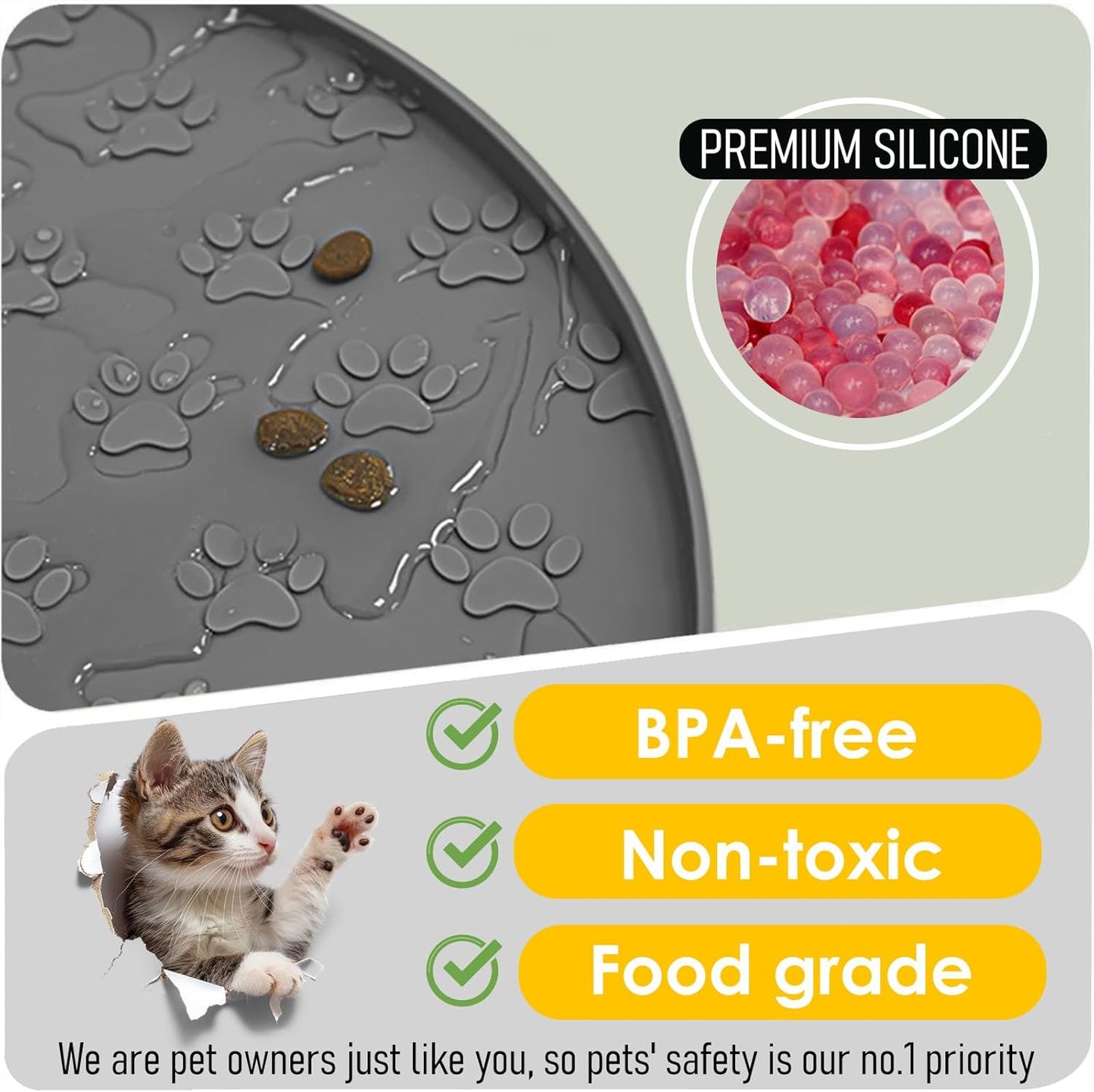 Pet Feeding Mats for Food and Water, Waterproof Anti-Slip Placemats for Dog Cat Bowl, 2 Pack Silicone Pet Food Mat, Dishwasher Safe 10.9 × 10.9 (2 Black, Small Paws)