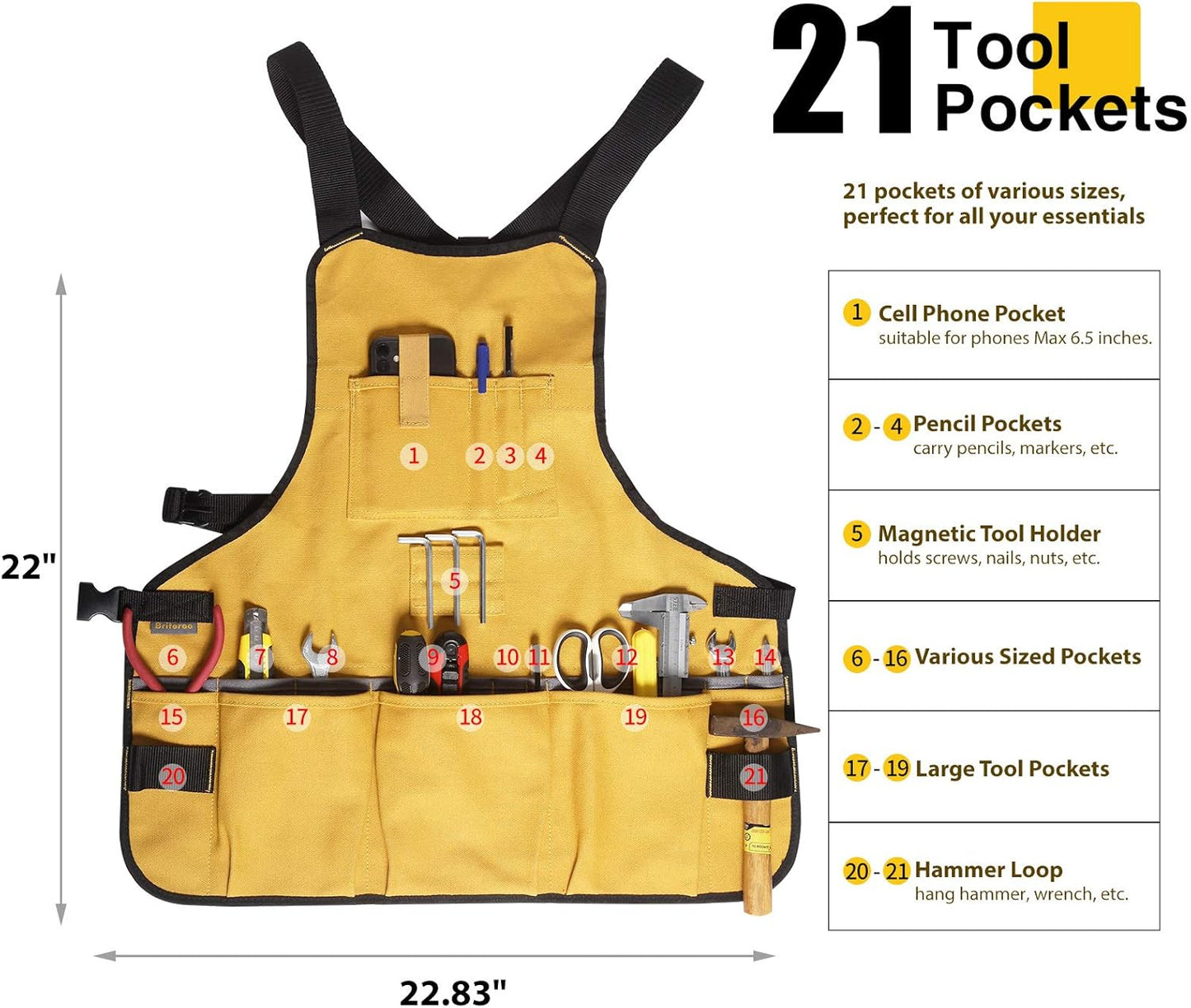 Work Tool Apron for Men and Women, Torso Length with 21 Tool Pockets, Durable Canvas Apron, DIY Enthusiasts, Gifts for Men for Christmas(Yellow)