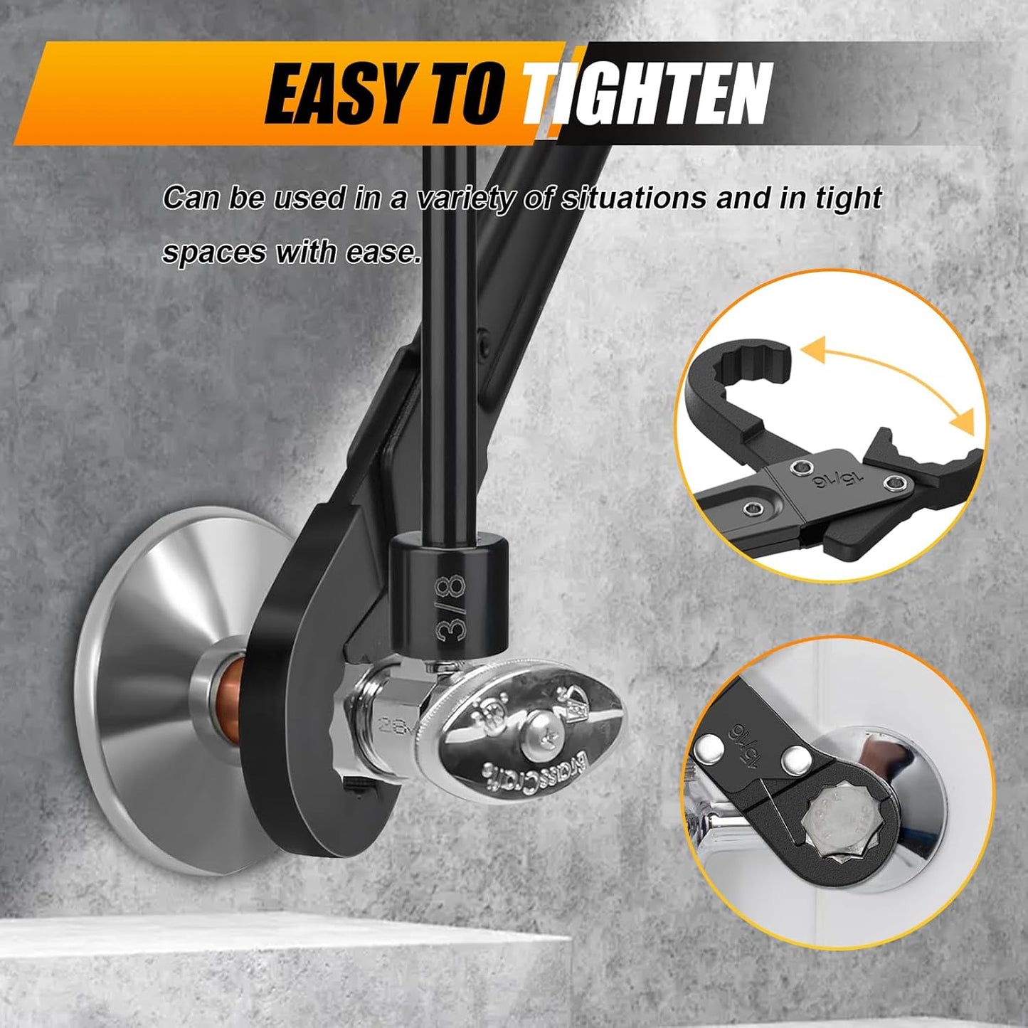 Angle Stop Wrench Kit – Adjustable Plumbing Wrench with 5/8"–15/16" Jaw Capacity, Double-Ended 3/8" & 1/2" Compression Sleeve Removal Tool for Installing & Removing Angle Stop Valves Black