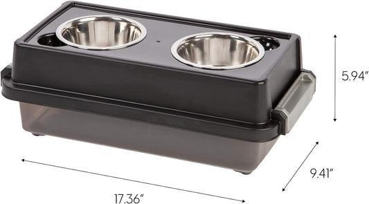 IRIS USA 2-in-1 Elevated Dog Bowls 6" H with Airtight Pet Food Storage Container Holds Up to 5 Lbs, Removable 4 Thick 16 oz Stainless Steel Bowls, at Home or Camping Pet Dish Bowl Set, Smoke/Black