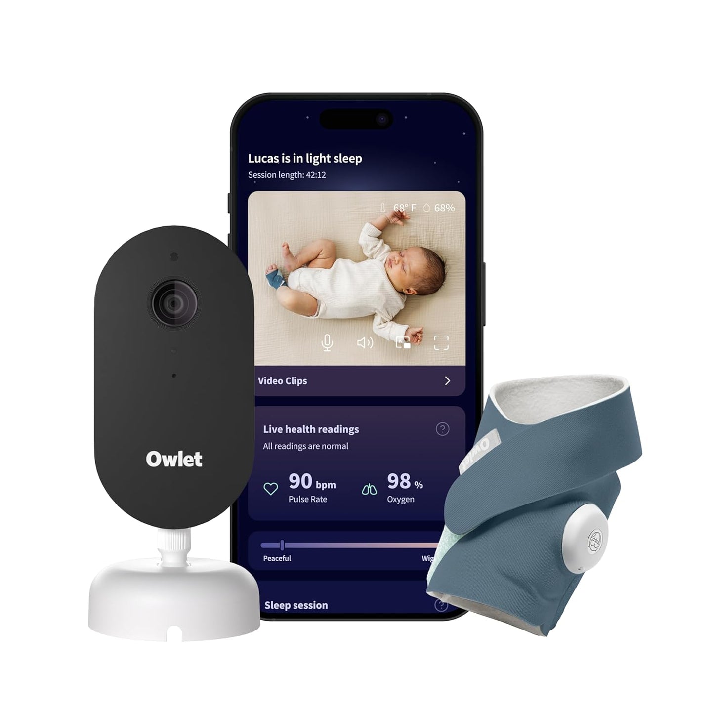Owlet Dream Duo (Gen 3) Smart Baby Monitor All-in-One Bundle - 2K HD Video Baby Monitor with Alerts & Owlet Dream Sock Tracks Baby’s Oxygen, Heart Rate & Sleep | Health Insights via App | Bedtime Blue