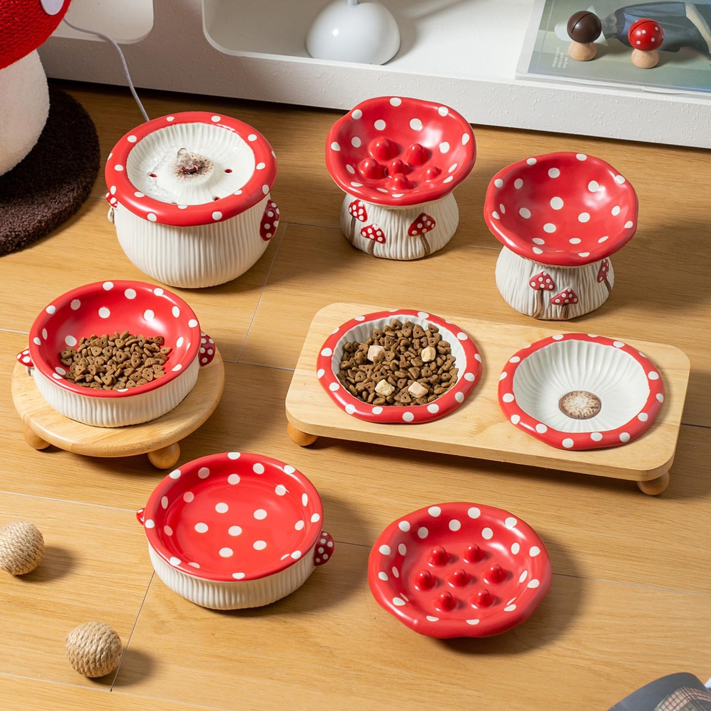 Ceramic Elevated Dog Cat Food Bowl Set with Wooden Stand, Raised Cat Slow Feeders, no Black Chin, Pet Food and Water Dishes, for Kitten Pubby Small Animal