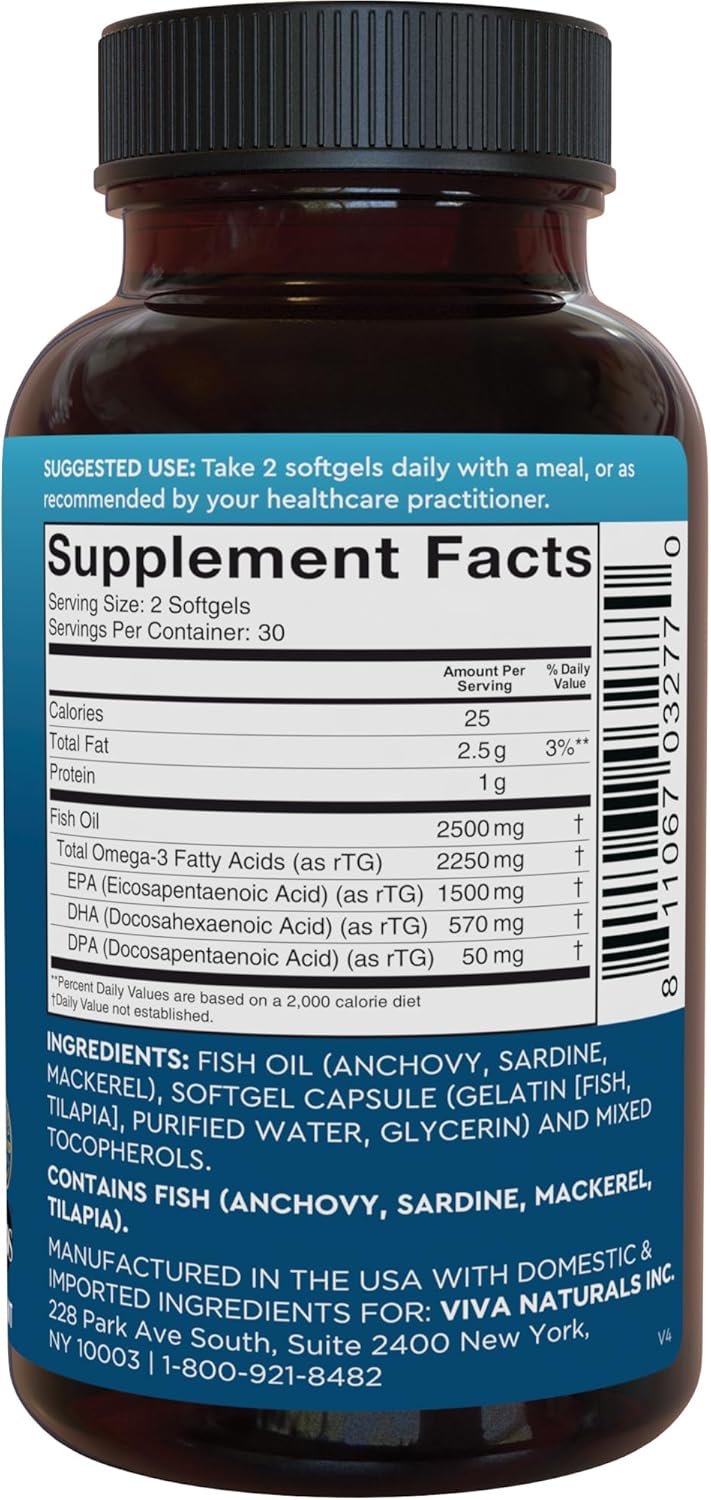 Viva Naturals Omega-3 Fish Oil, Triple Strength, 2500 mg, 60 Softgels – Re-Esterified Omega 3 Fatty Acids Including EPA, DHA, DPA - Pascatarian-Friendly