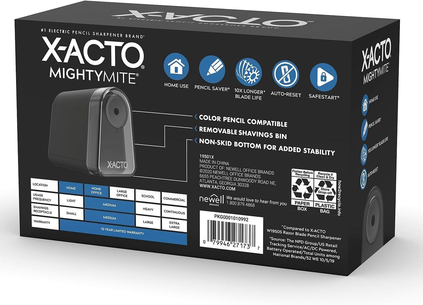 X-ACTO Pencil Sharpener, Mighty Mite Electric Pencil Sharpener, With Pencil Saver®, SafeStart® Motor, Black, 1 Count - Home, Office, School, Teacher Supplies