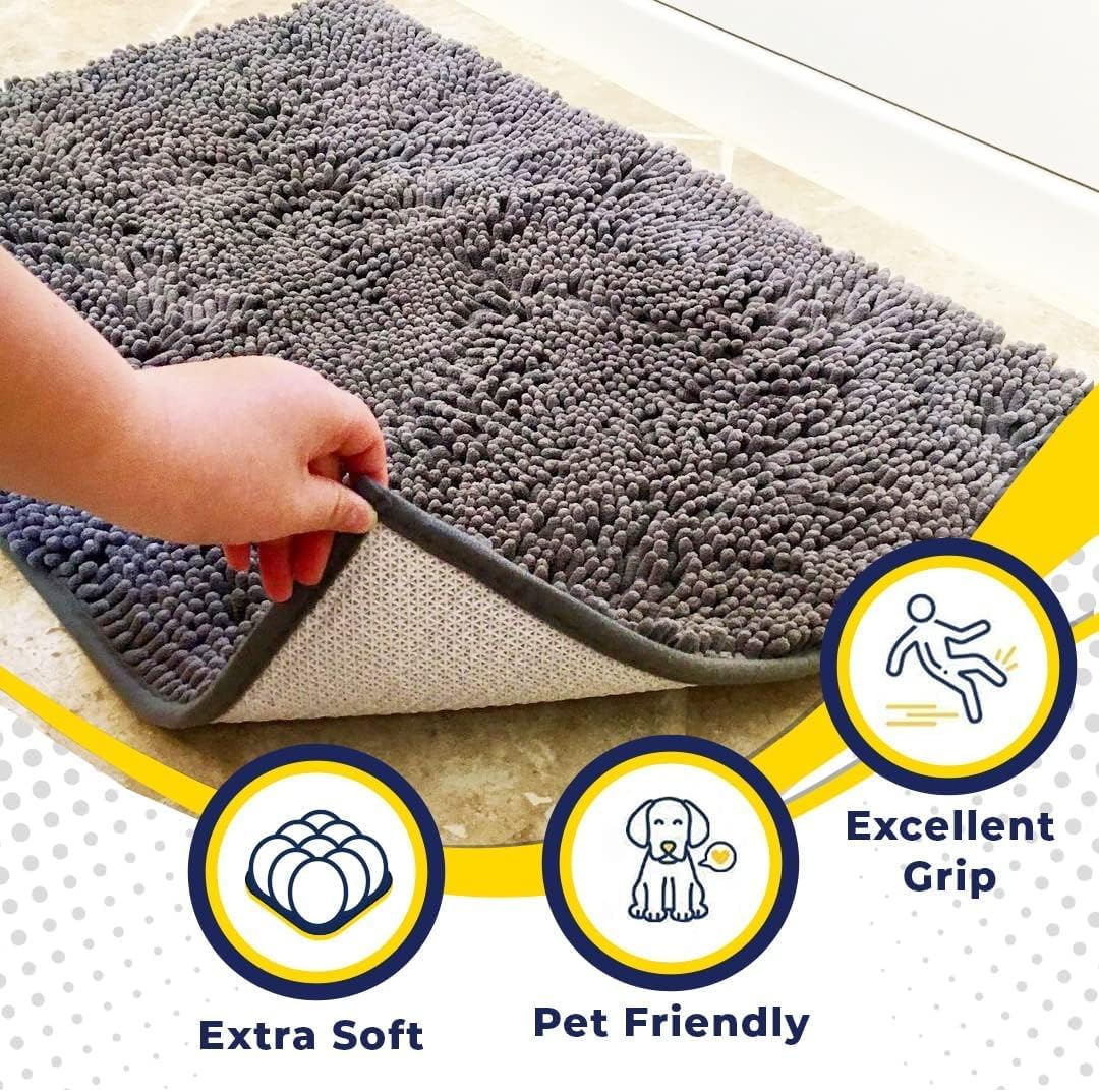Muddy Mat® 2-Piece Grey Medium 30"X19" AS-SEEN-ON-TV Highly Absorbent Microfiber Door Mat, Bath Mat and Pet Rug, Non Slip Thick Washable, Soft Chenille for Kitchen Bathroom Bedroom Indoor and Outdoor