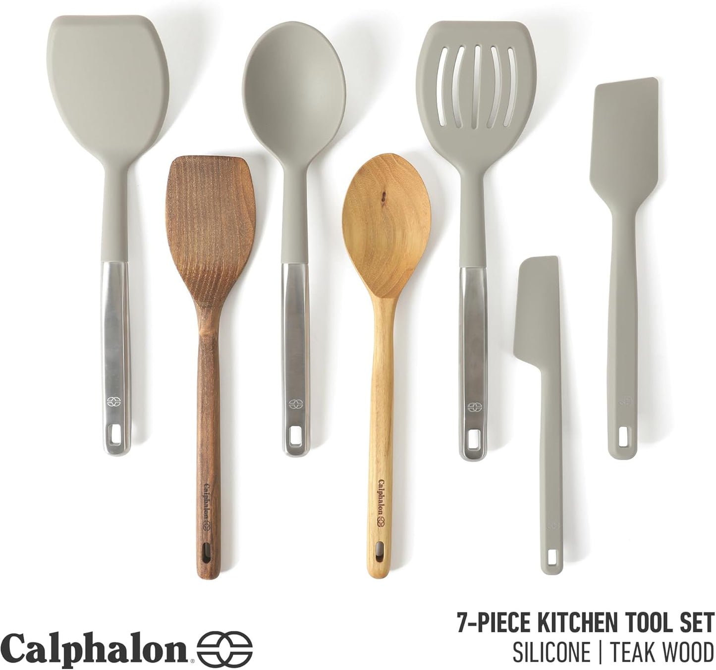 Calphalon Prime 7 Piece Sillicone and Teak Wood Kitchen Tool & Gadget Set - Taupe