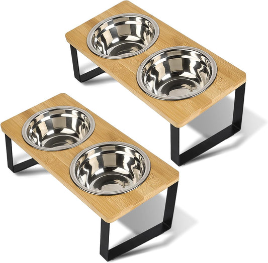Elevated Cat Bowl, 2 PCS 15°Tilted Cat Bowl Stand with 2 Stainless Steel Bowls for Indoor Cats and Pet, Raised Cats Bowls for Food and Water