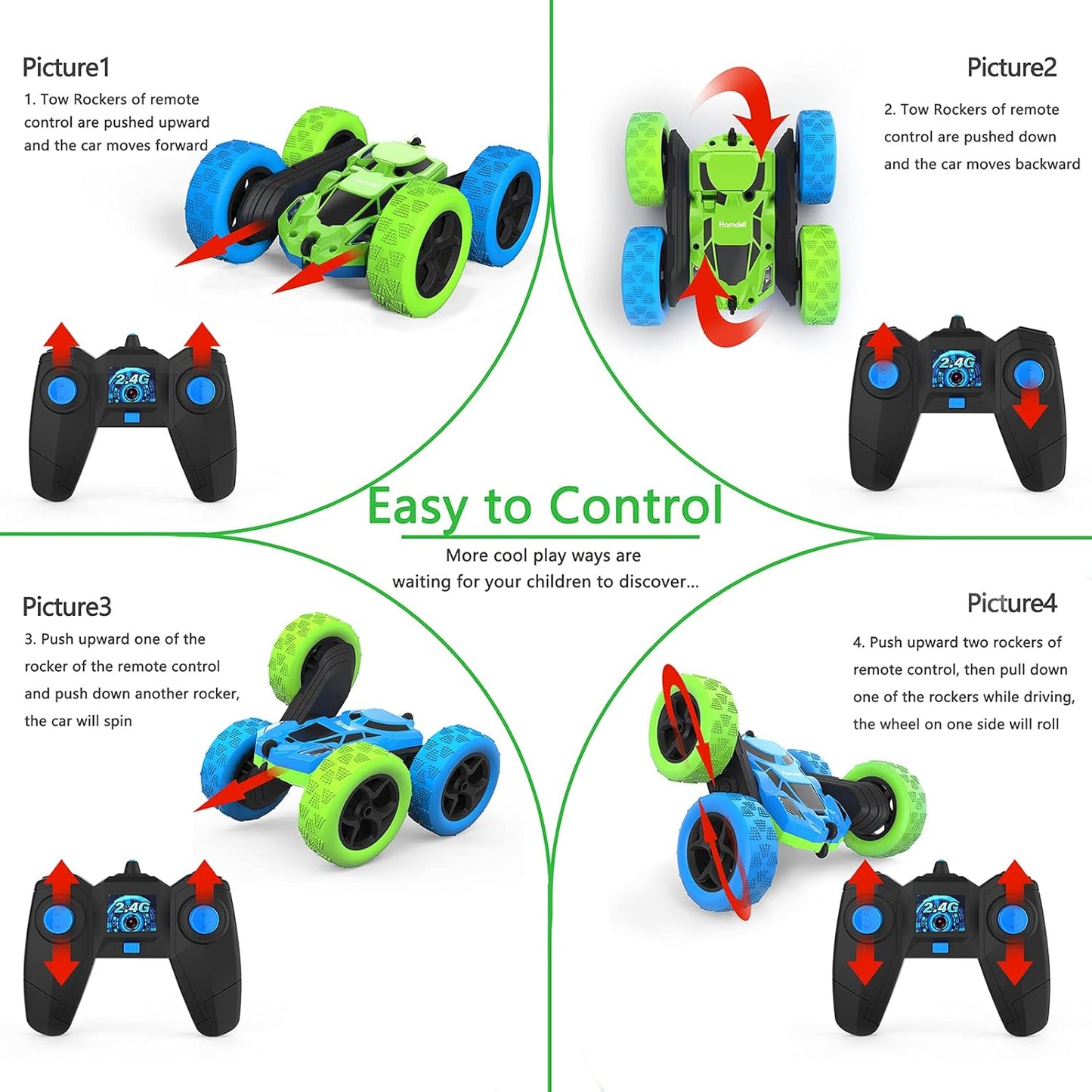 Remote Control Car for Kids, 360° Rotating Double-Sided RC Car with LED Headlights, 4WD 2.4GHz Electric Rechargeable Toy Vehicle for Boys and Girls, Perfect Birthday