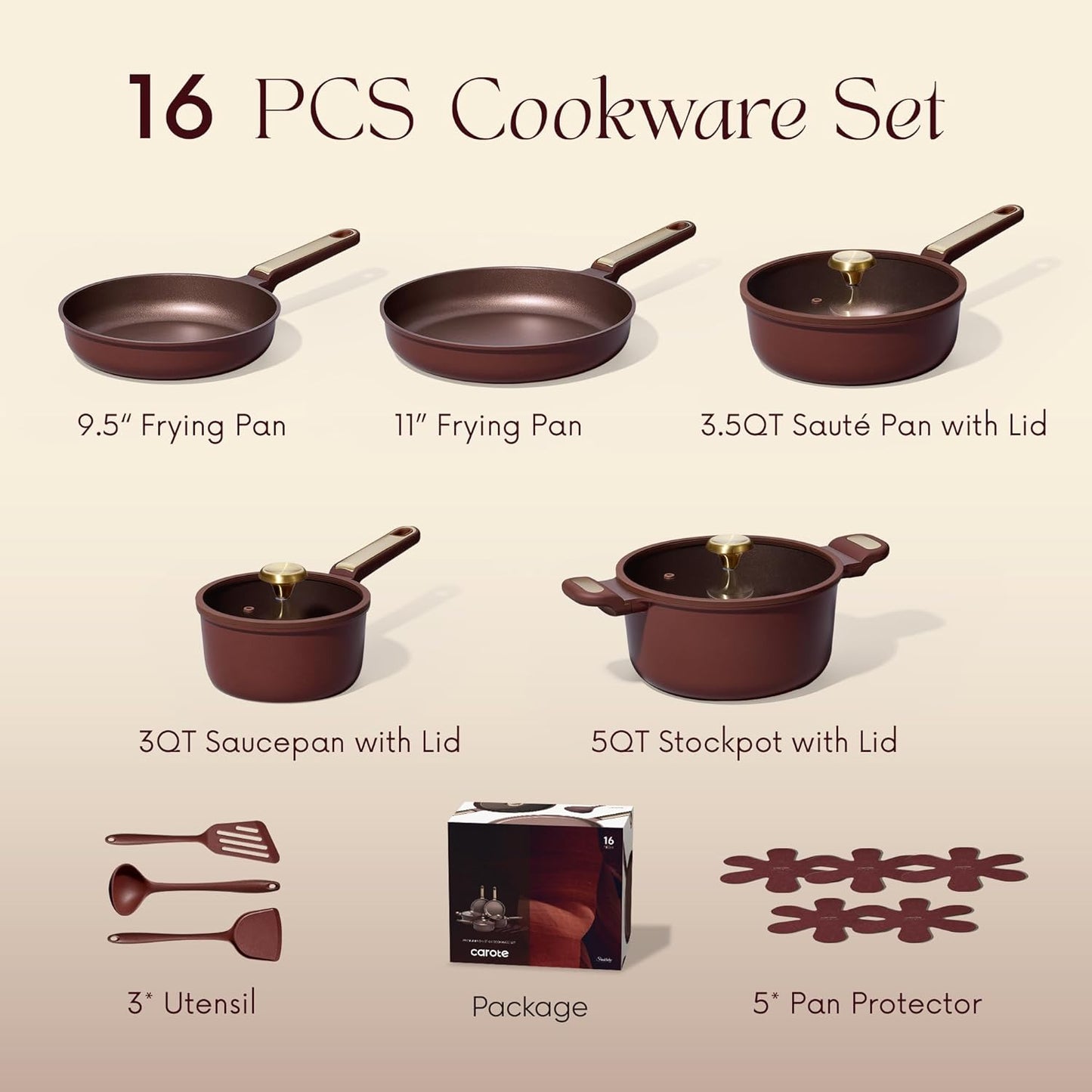 CAROTE Pots and Pans Set Nonstick, 16pcs Cookware Set Nonstick Non-Toxic & PFOA&PFOS-Free, Dishwasher, RV/Camping Cookware Set, Cooking Pots with Lids,Wine Red