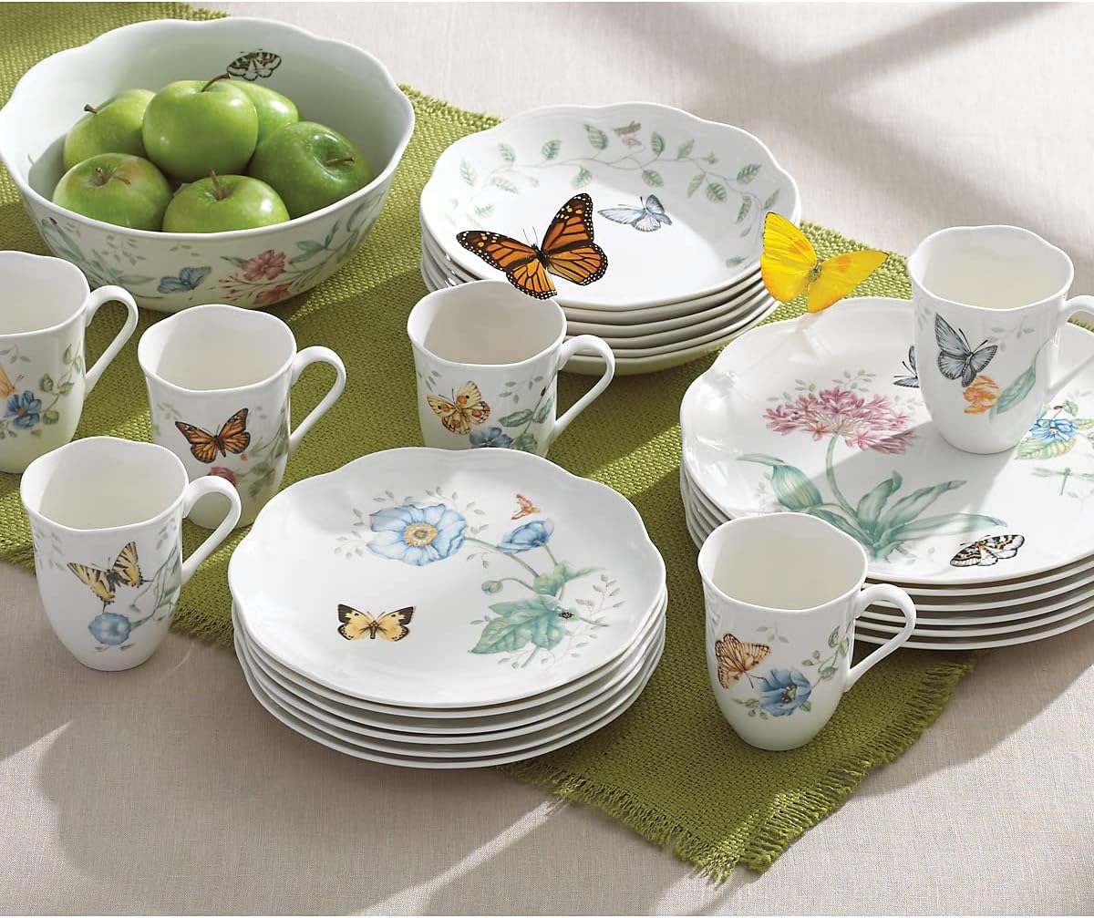 Lenox Dinnerware Set, Butterfly Meadow 18-Piece Set, Service For 6, White Porcelain, Butterfly And Flower Designs, Plates And Bowls Sets, Dishwasher Safe, Home & Kitchen (18 Pieces, Assorted)
