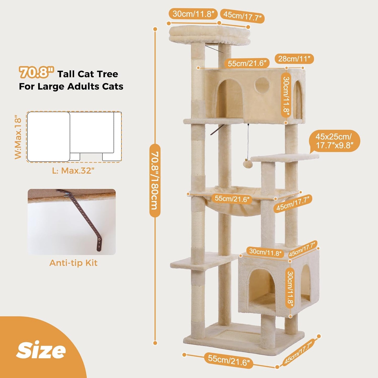 72” Cat Tree for Large Cats Big Cat Tower with Enlarged Hammock 21.6x17.7” Spacious Cats Condo House, Roomy Top Bed,Multiple Scratch Posts and Pad for Indoor Adult Cats (Beige, XLarge-72)