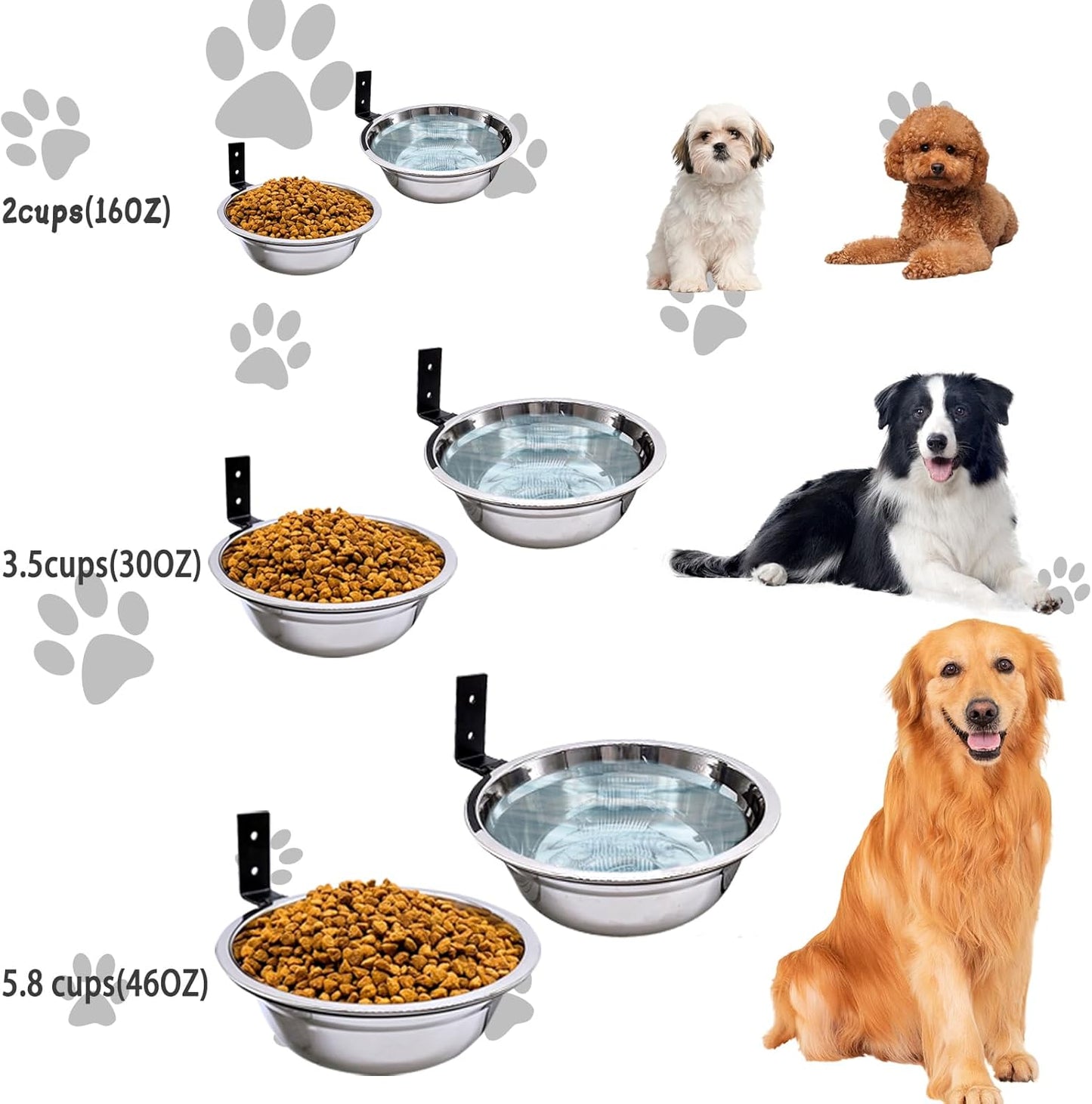 Wall Mounted Dog Bowls-2 * 16 Oz, Stainless-Steel Raised Adjustable Height Dog Food and Water Bowls, Elevated Pet Comfort Feeding Bowl for Medium Large Dogs Cats(Collapsible)