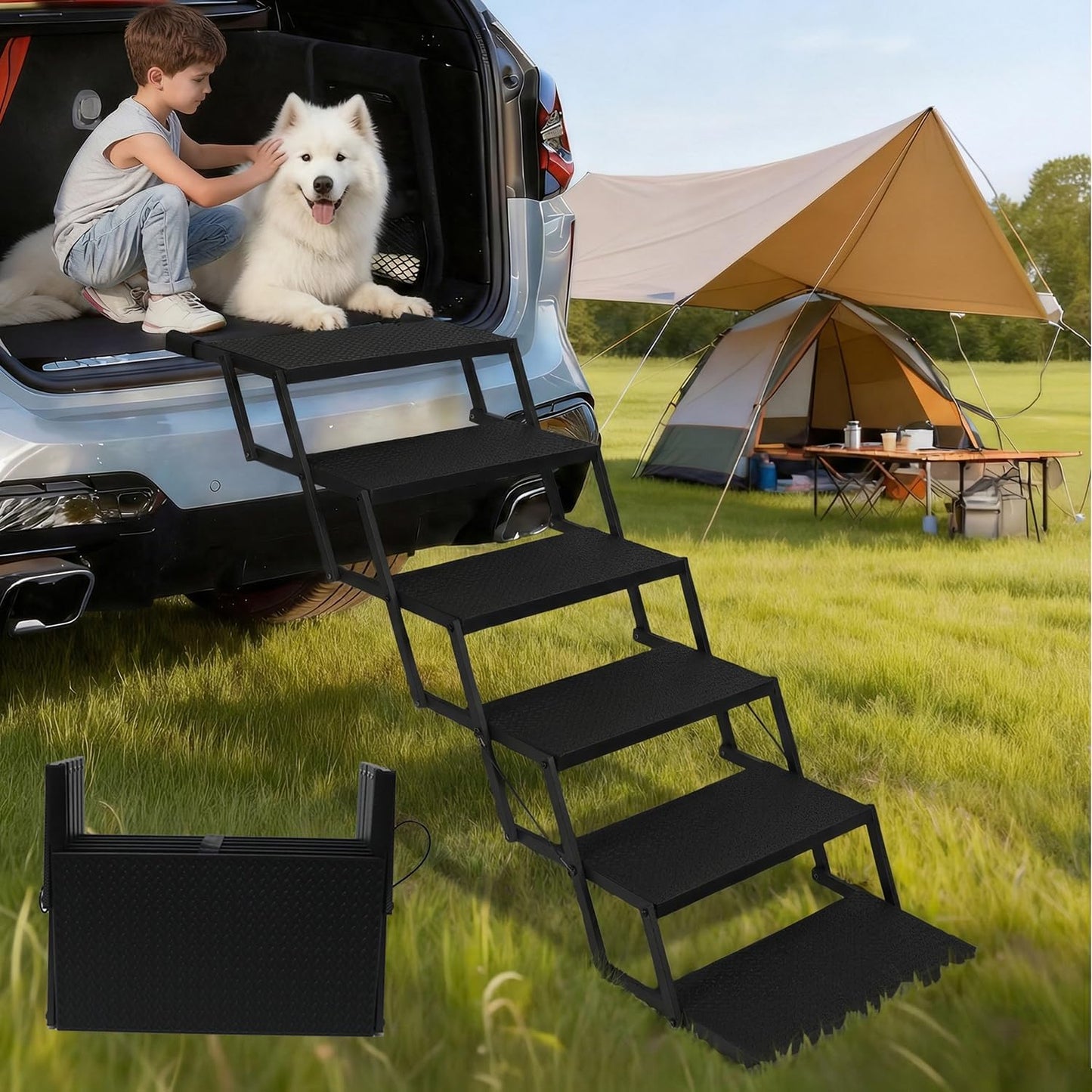 Dog Stairs for Car, Foldable Dog Steps for Large Dogs, 6-Step Ultra-Lightweight Non-Slip Dog Ramps Supports Up to 200 lbs, Suitable for SUV,Truck, Sofas, Bed
