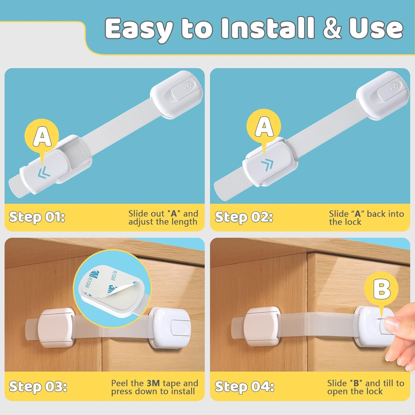 4our Kiddies 14 Pack Child Proof Cabinet Locks for Baby Proofing, Baby Proof Drawer Locks for Kids, Child Safety, Adjustable Child Locks for Cabinet and Drawers with 12 Extra 3M Adhesives, No Drilling