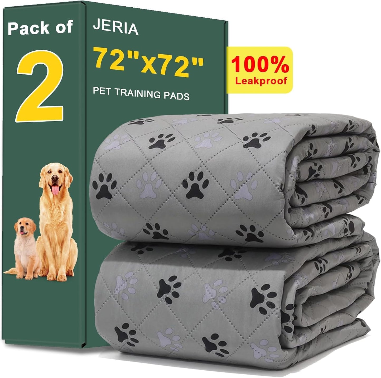 JERIA 2 Pack 72"x 72" Waterproof Non Slip Wee Wee pad，Reusable Washable Pee Pads for Dogs，Absorbent and Leakproof Training Mats for Potty, Bed, Sofa, Potty Training