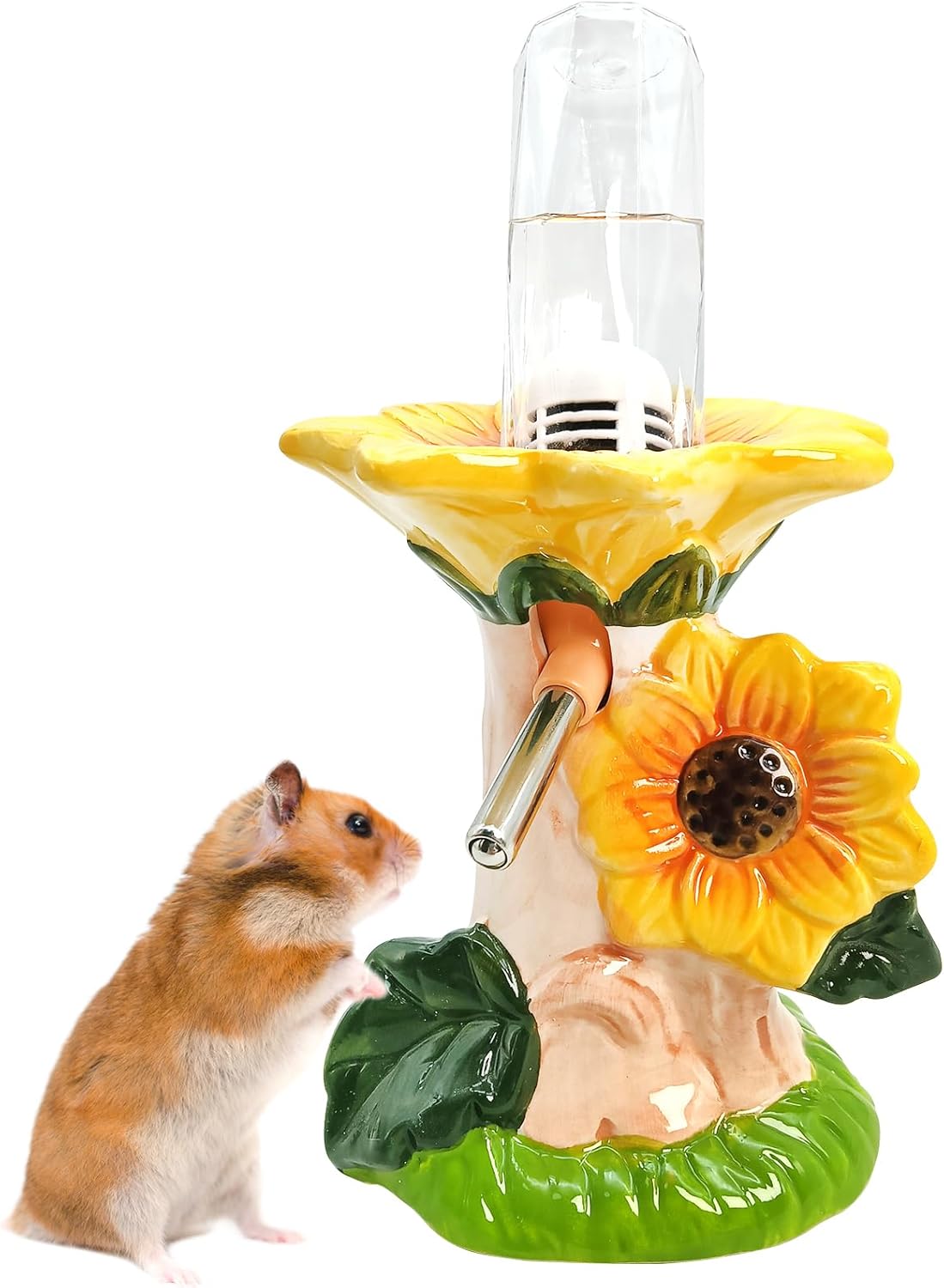 BNOSDM Hamster Water Bottle No Drip Ceramic Hamster Water Bottle for Glass Tank - 80ML Water Dispenser with Yellow Sunflower Stand Holder for Syrian Hamsters Dwarf Hamsters Mice Gerbils