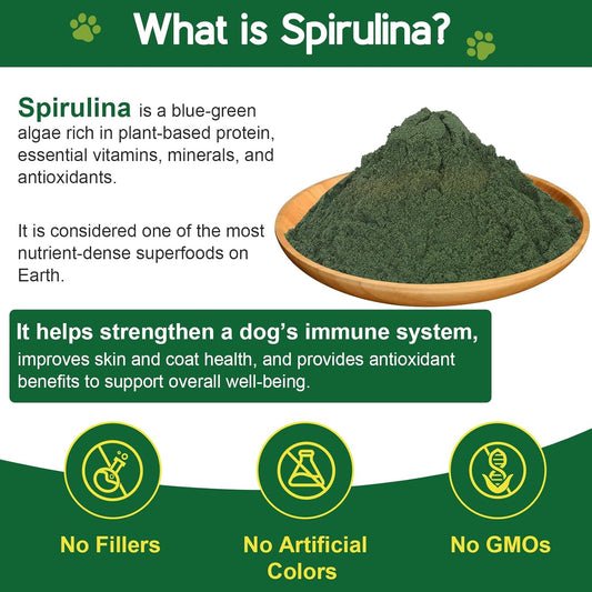 Organic Spirulina Powder for Dogs – Natural Superfood Supplement for Skin, Coat & Immune Health – 100% Pure Green Algae, No Fillers, No Additives, Boosts Energy & Vitality