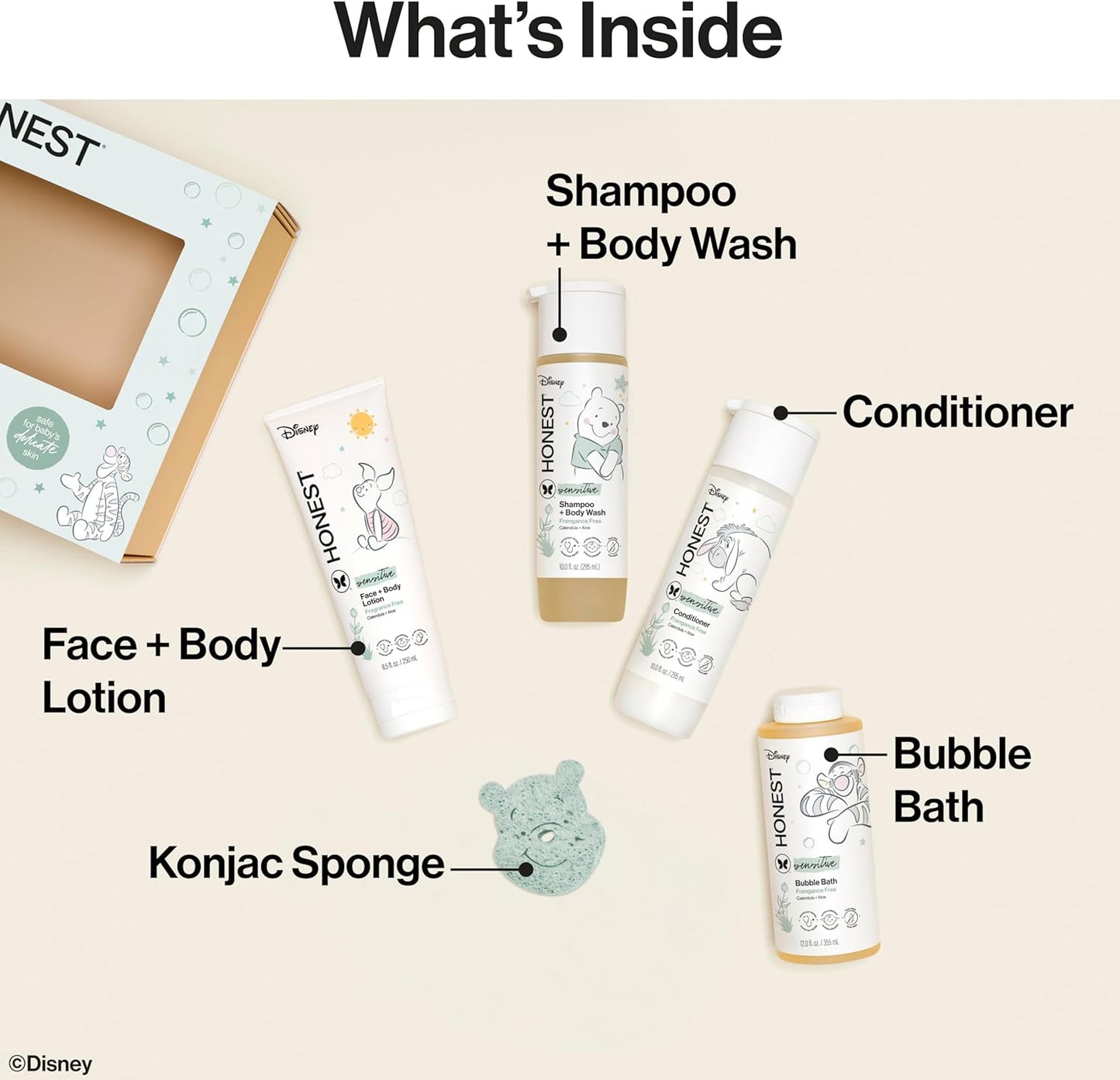 The Honest Company Fragrance-Free Bathtime Gift Set, Disney Design, Hypoallergenic, Bath Essentials for Sensitive Skin, Shampoo and Body Wash, Face Lotion, Bubble Bath, Conditioner, Sponge