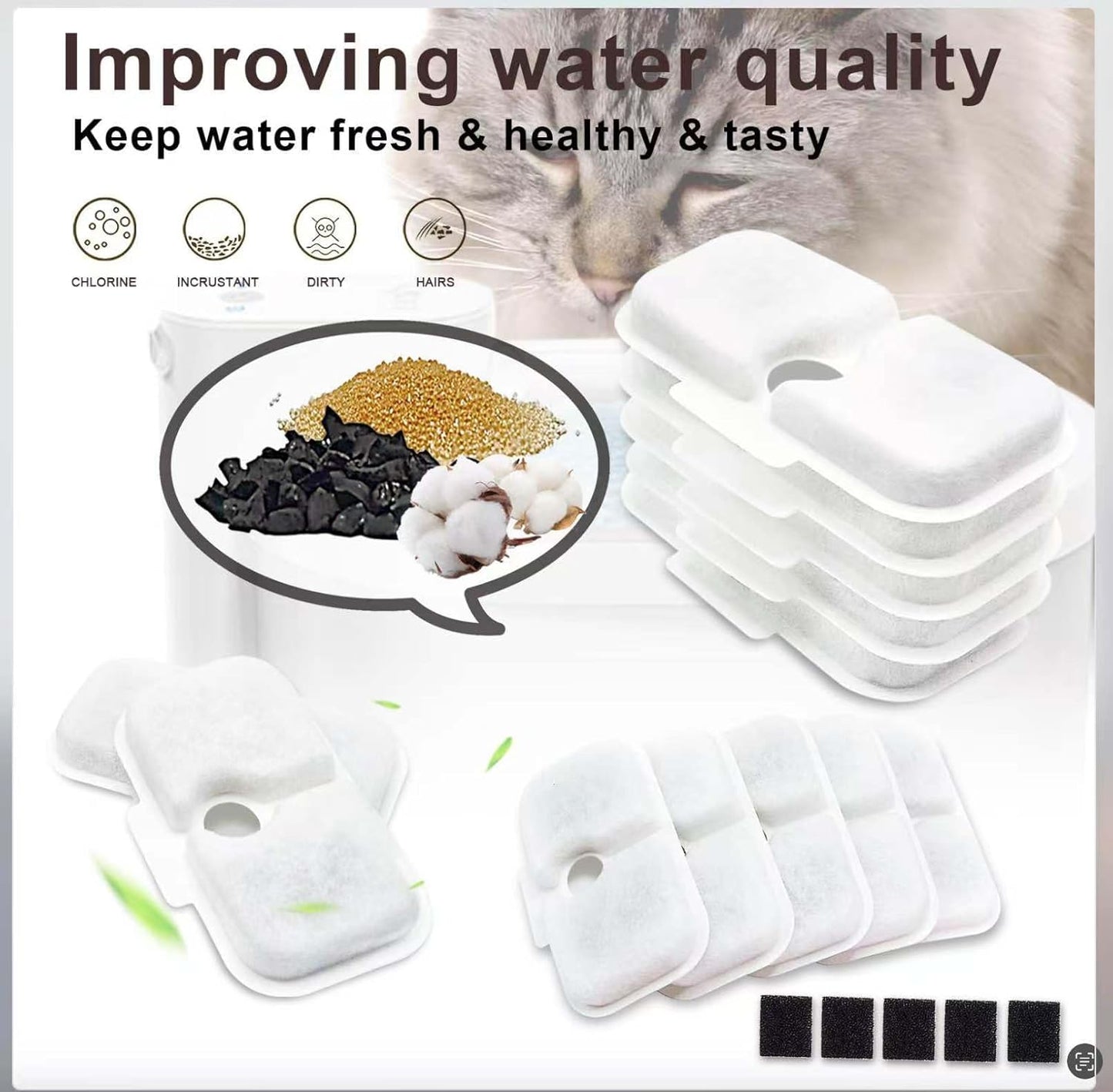 8 Packs Replacement Filters and 8 Pack of Sponges Compatible with PETLIBRO Capsule Pet Water Fountain PLWF005/PLWF115/WF106