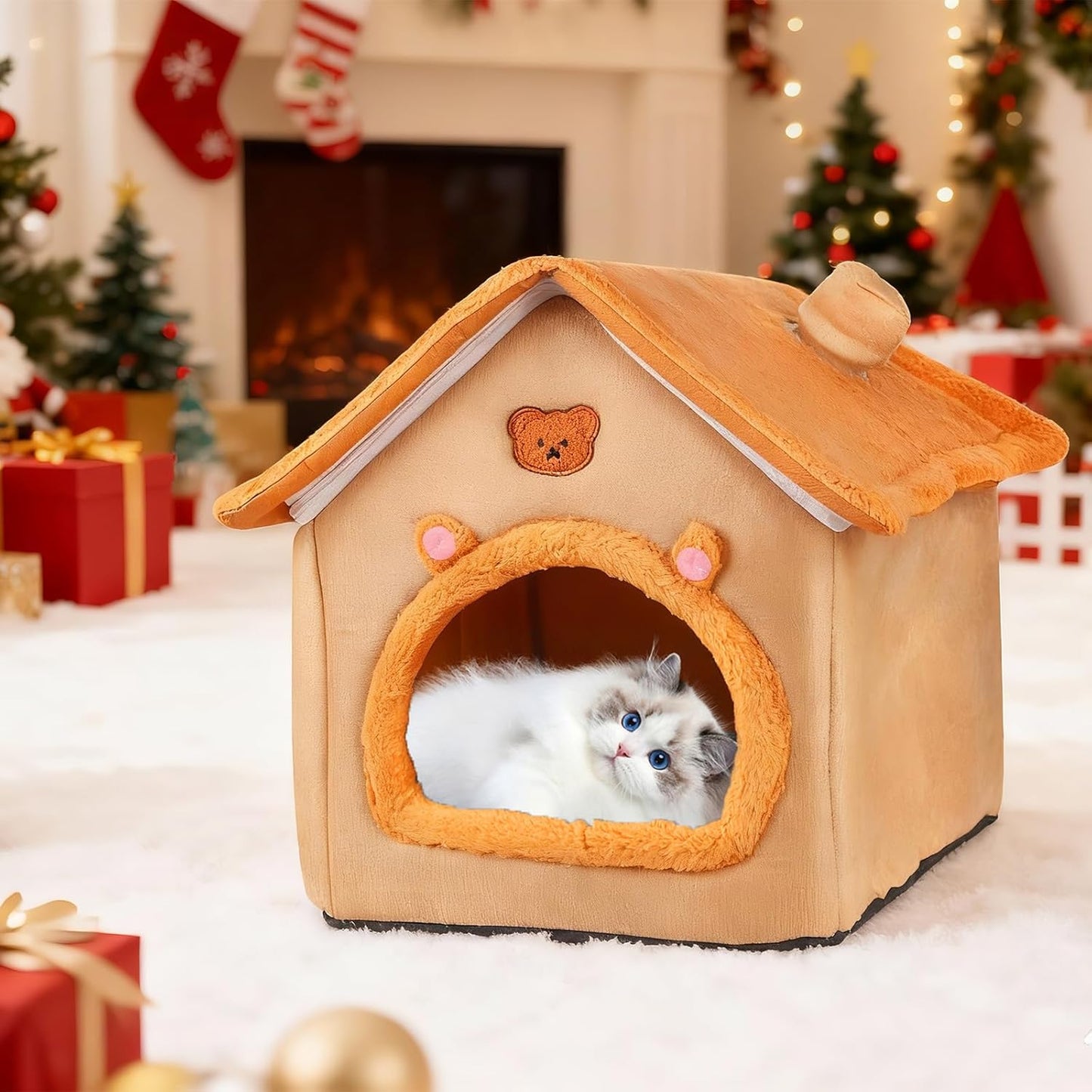 Heating Inside Cat&Dog House Heated Pet Indoor Heated Kitty House Bed(A Nest Box and A Heating Pad)