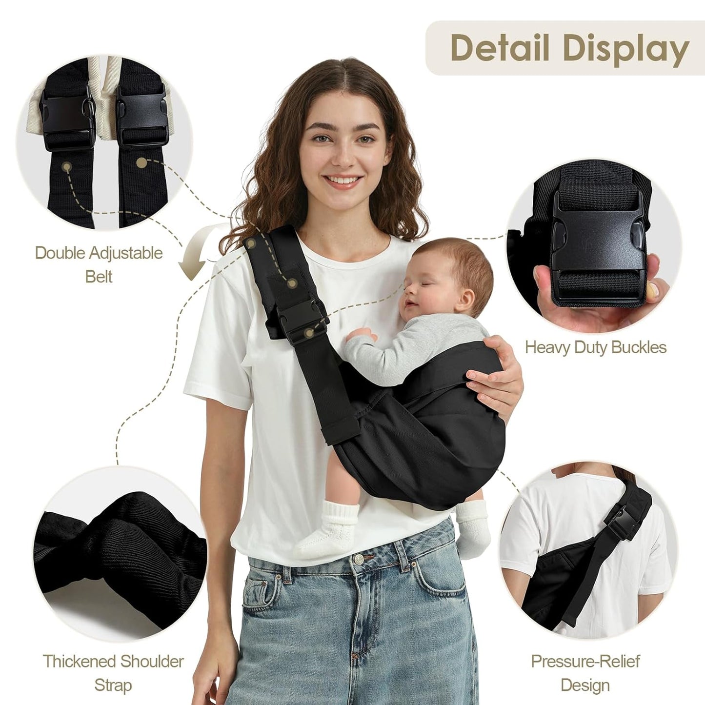 Baby Sling Carrier for Toddler, Baby Carrier Sling, Lightweight Toddler Carrier with Secure Buckle, Premium Cotton Toddlers Hip Carry Sling, Adjustable with Left/Right Shoulder Strap, Black