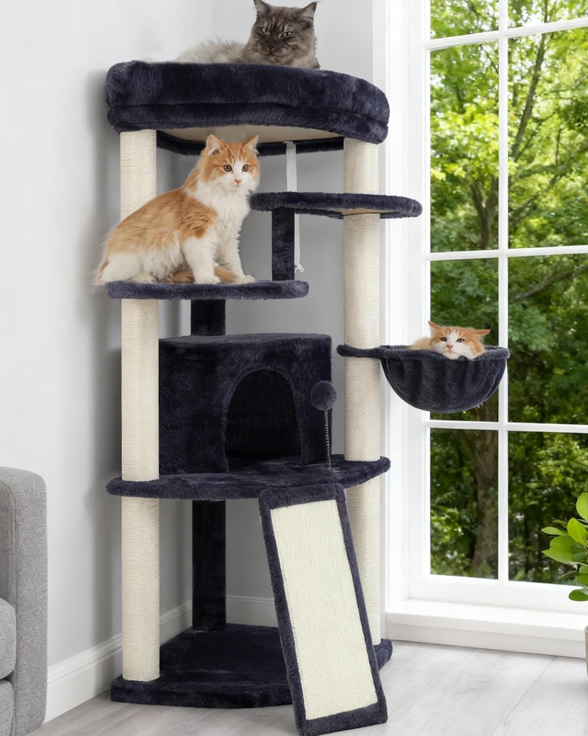 Corner Cat Tree for Indoor Cats, Cat Tower with All Sisal Scratching Posts, Multi-Level Cat Condo wth Cat Cave, Large Top Perch, Hanging Basket, Sisal Scratching Ramp, Drak Gray GCT025G