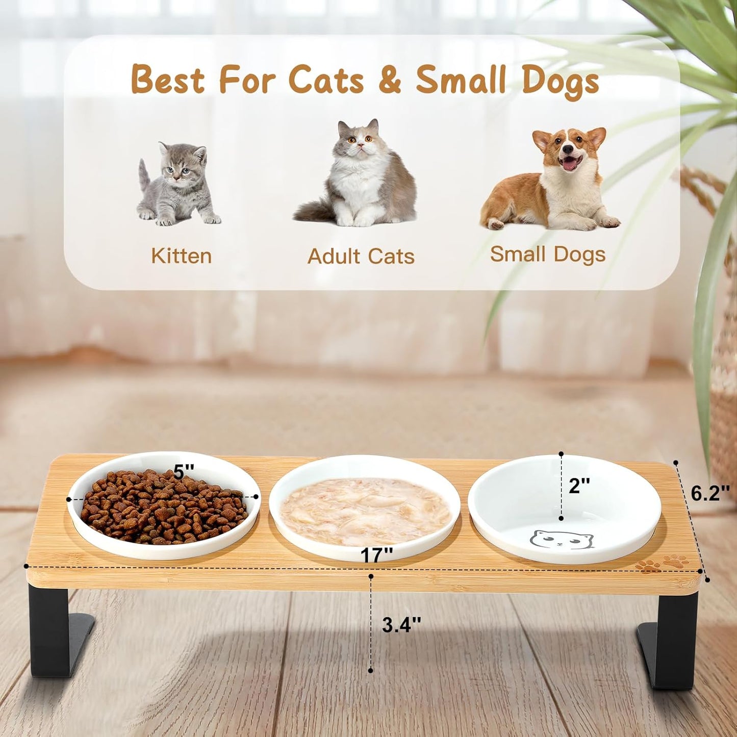 3 Elevated Cat Bowls Tilted Anti Vomiting Ceramic Raised Cat Food Bowls for Food and Water, Cat Dishes for Indoor Cats with Non-Slip Stand & Bamboo Board, Dishwasher Safe - 1 Step Assemble