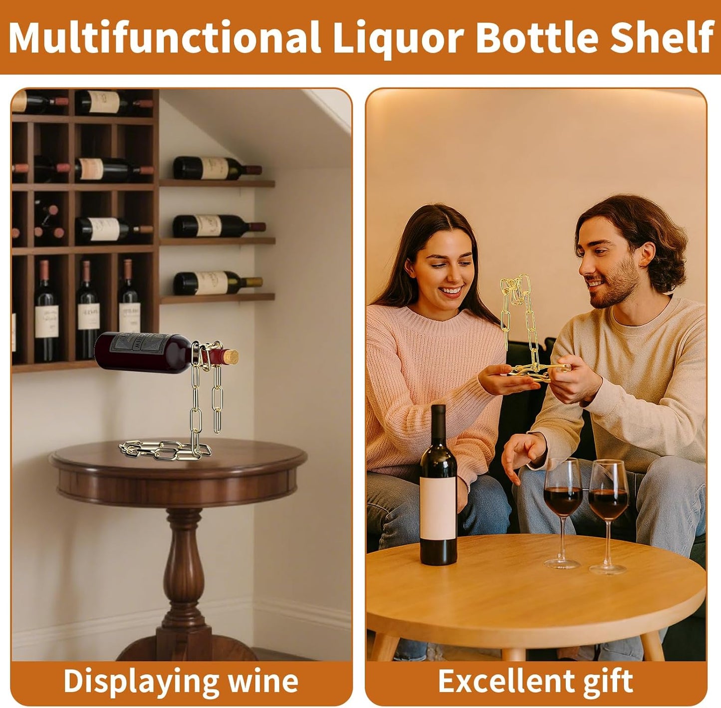 TBWHL Novelty Magic Wine Bottle Holder Floating Steel Link Chain Wine Bottle Rack/Holder - Holds Bottles in The Air, Unique Levitating Wine Bottle Stand for Home Bar, Kitchen, or Party Deco（Gold）