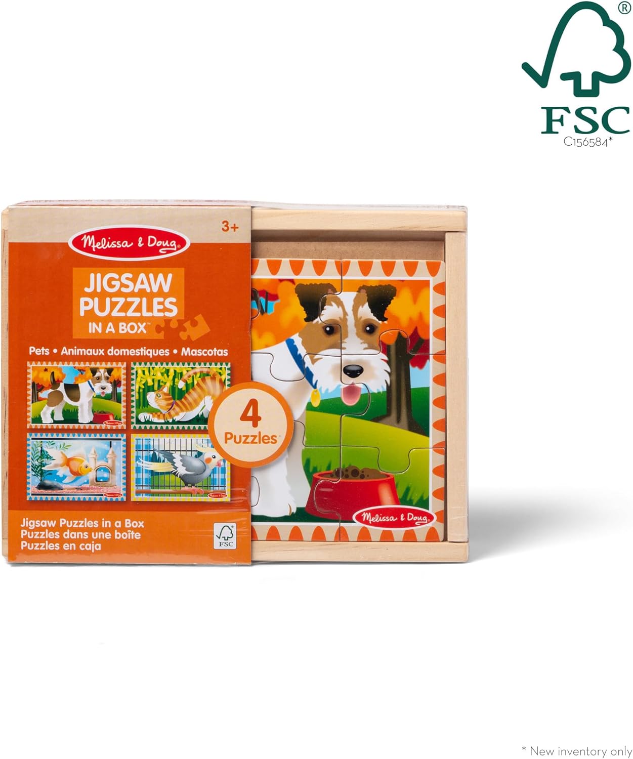 Melissa & Doug 4‑in‑1 Wooden Pets Jigsaw Puzzle Set, 48 Pieces with Storage Box, Toddler Puzzle Toy for Kids Ages 3+ - FSC Certified