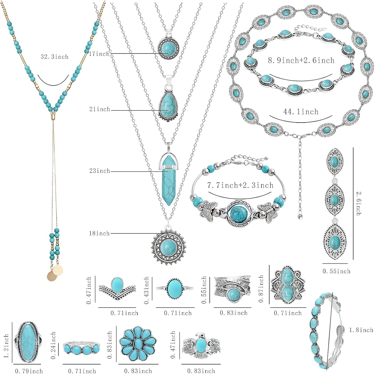 NEWITIN 20 Pieces Silver Bohemian Jewelry Set for Women Fashion Costume Jewels Turquoise Necklace Bracelet Ring Earrings Western Turquoise Jewelry Set for Women