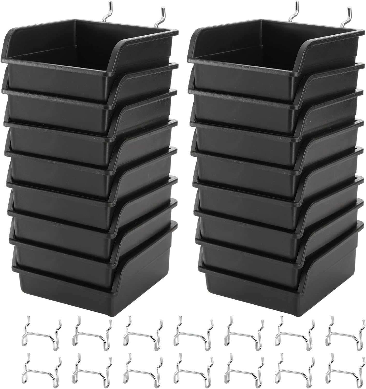 Foraineam 16 Pack Pegboard Bins with Metal Hooks, Black Garage Workbench Bins Cups Peg Board Accessories Kit, Pegboard Tools Organizer for Hardware, Workshop, Craft Room, Tool Shed, Hobby Supplies