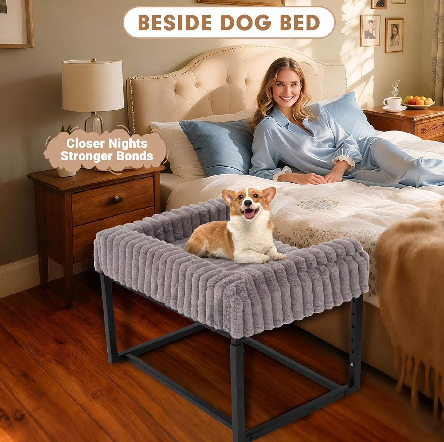 Beside Dog Bed,Adjustable Height Dog Bunk Beds,27.5''x 18''Metal Dogs Bed Frame with Washable Removable Corduroy Cover,Memory Foam Pet Bed with Sides,Medium