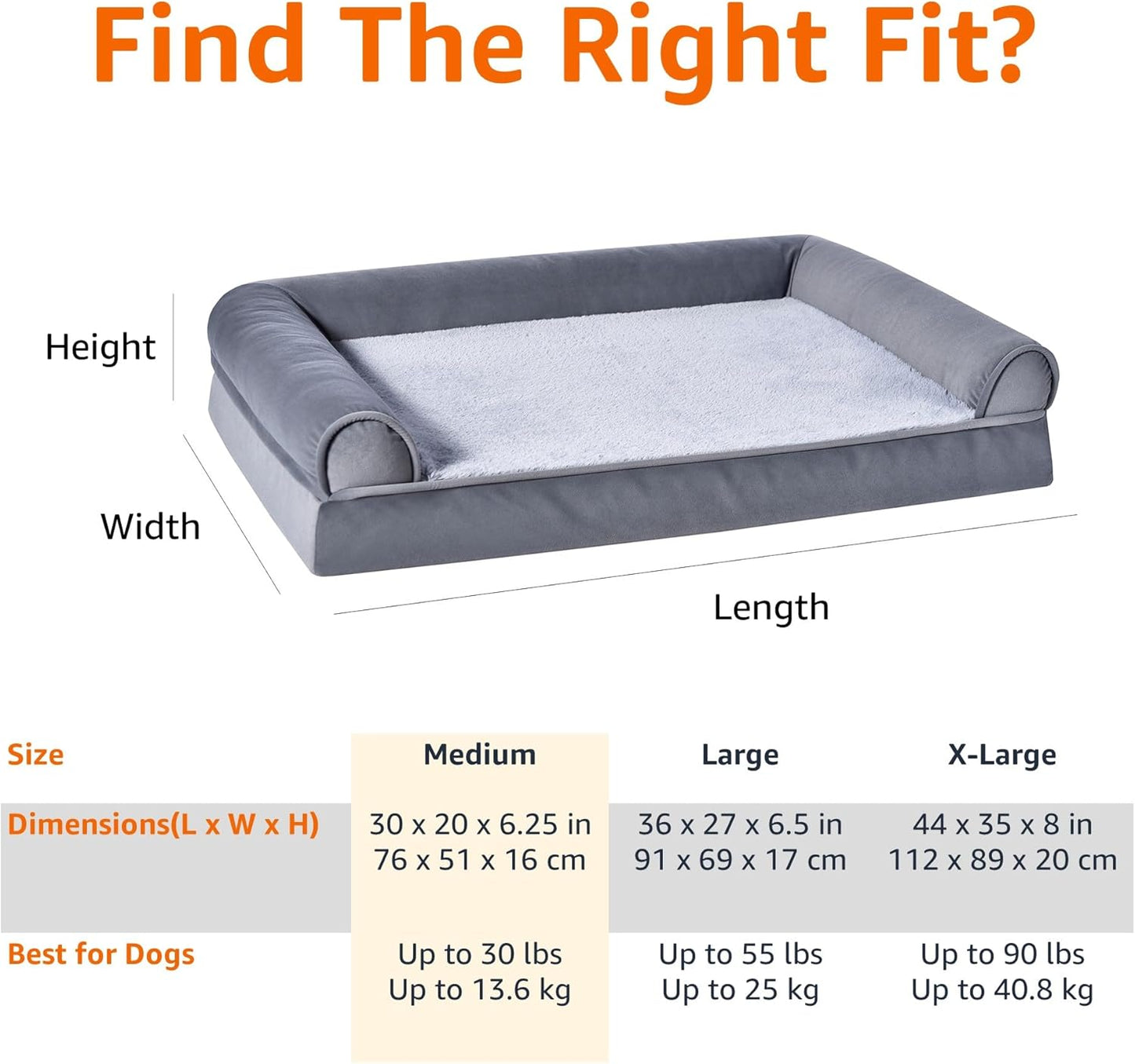Amazon Basics Living Room Couch Dog Bed with Premium Foam, Non-Slip Bottom, Removable Washable Cover, Supportive Pressure-Relief for Dogs up to 30lbs, Medium (30" x 20"), Grey