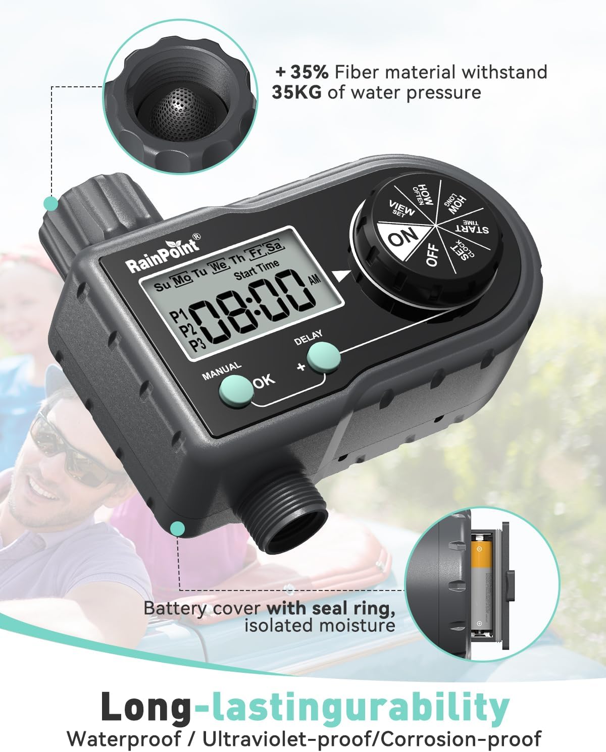 RAINPOINT Sprinkler Timer, Hose Timer with 3 Individual Programs, Water Timer for Garden Hose Faucet, Programmable Automatic/Manual Irrigation System, for Specific Days or Daily Outdoor Lawn Watering