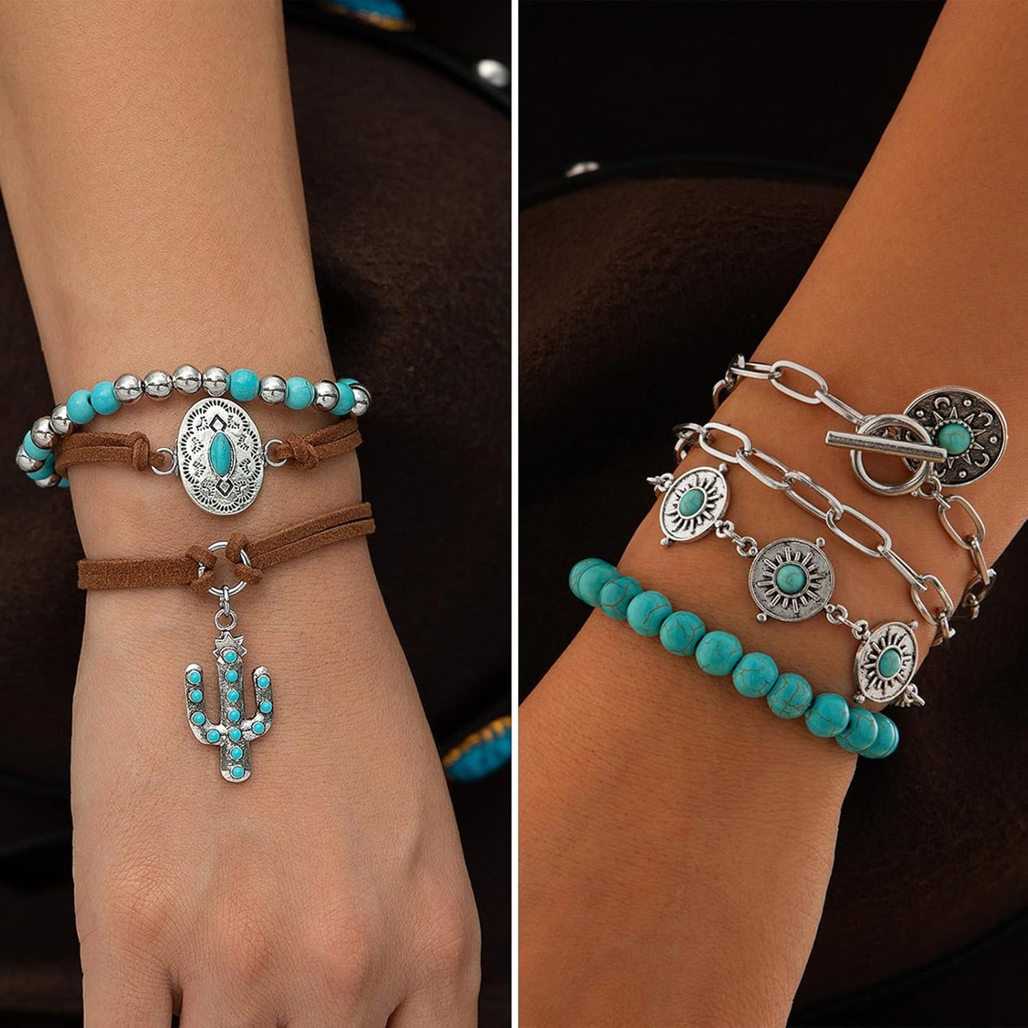 IFKM Bohemian Jewelry Set With Turquoise Necklace, Dangle Earrings, Stackable Bangle Bracelets, Knuckle Rings For Women Vintage Western Boho Turquoise Anniversary Birthday Friendship Gift