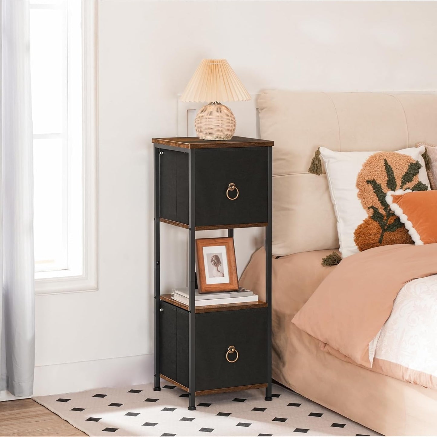 HOOBRO Corner Cabinet, 4-Tier Corner Shelf Stand with 2 Drawers,Bathroom Floor Cabinet, Narrow Storage Cabinet, for Bathroom, Living Room, Rustic Brown and Black BF87CW01
