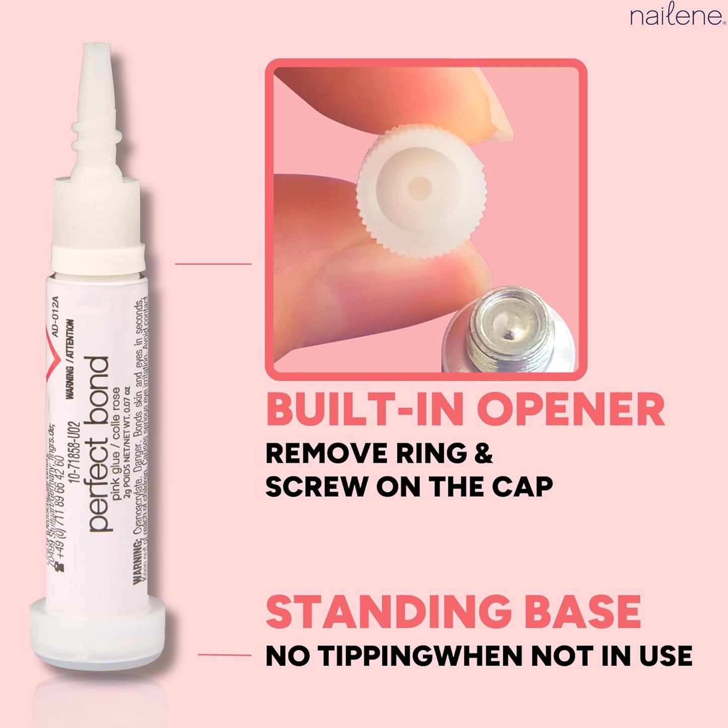 Nailene Perfect Bond Nail Glue, Super Strong, Durable, Easy to Apply Acrylic Nails, Press On Nails, Repairs Natural Nails, Quick Drying Nail Adhesive, Lasts 7 Days, Pink Tint, 2 g/0.07 oz, 2 Pack