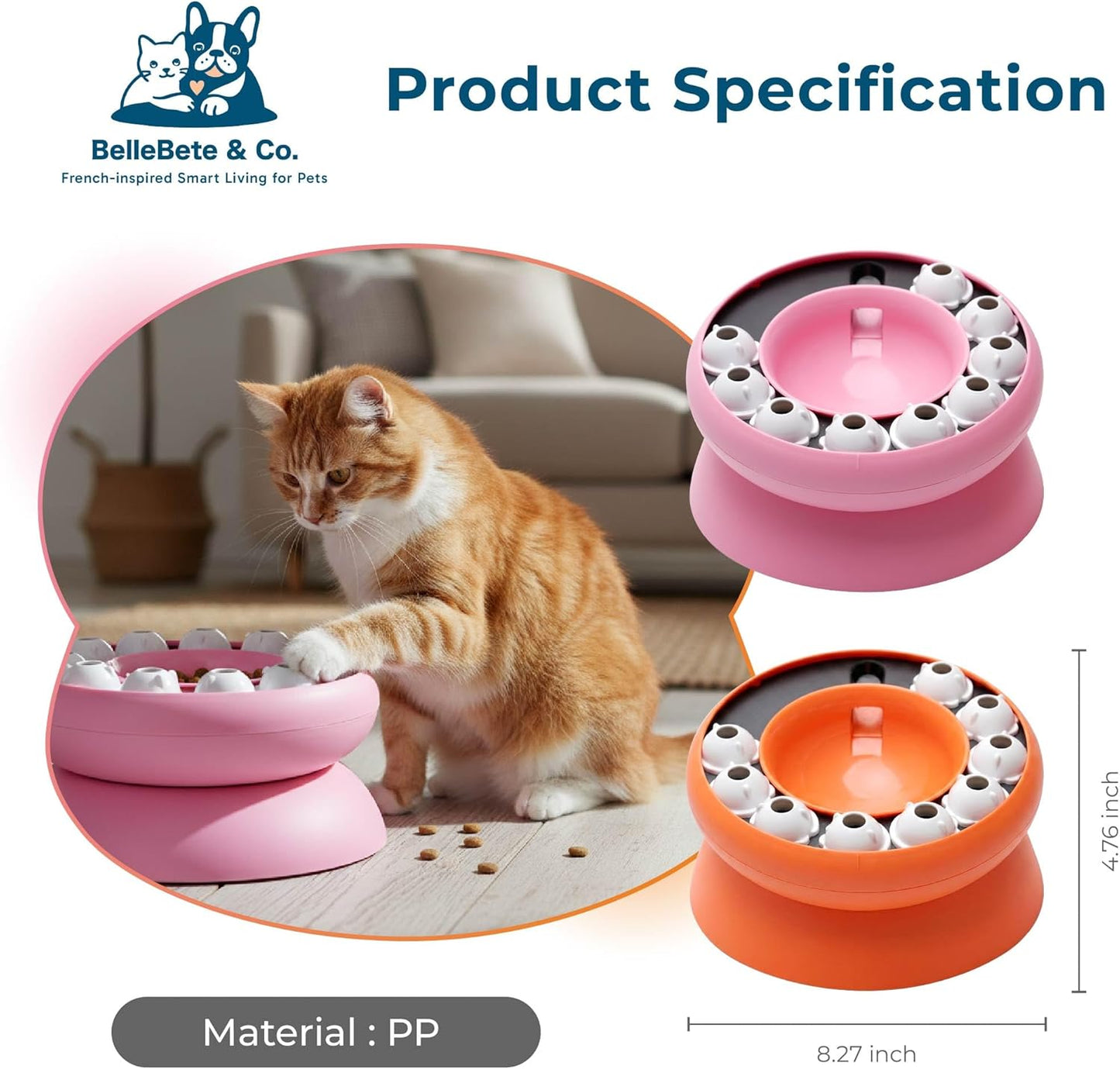 BelleBête & Co. 2-in-1 Elevated Cat Slow Feeder Bowl – 15° Tilted Interactive Puzzle Feeder with Rotate-to-Feed & Non-Slip Base, Anti-Gulping & Digestive Health for Indoor Cats | Pink