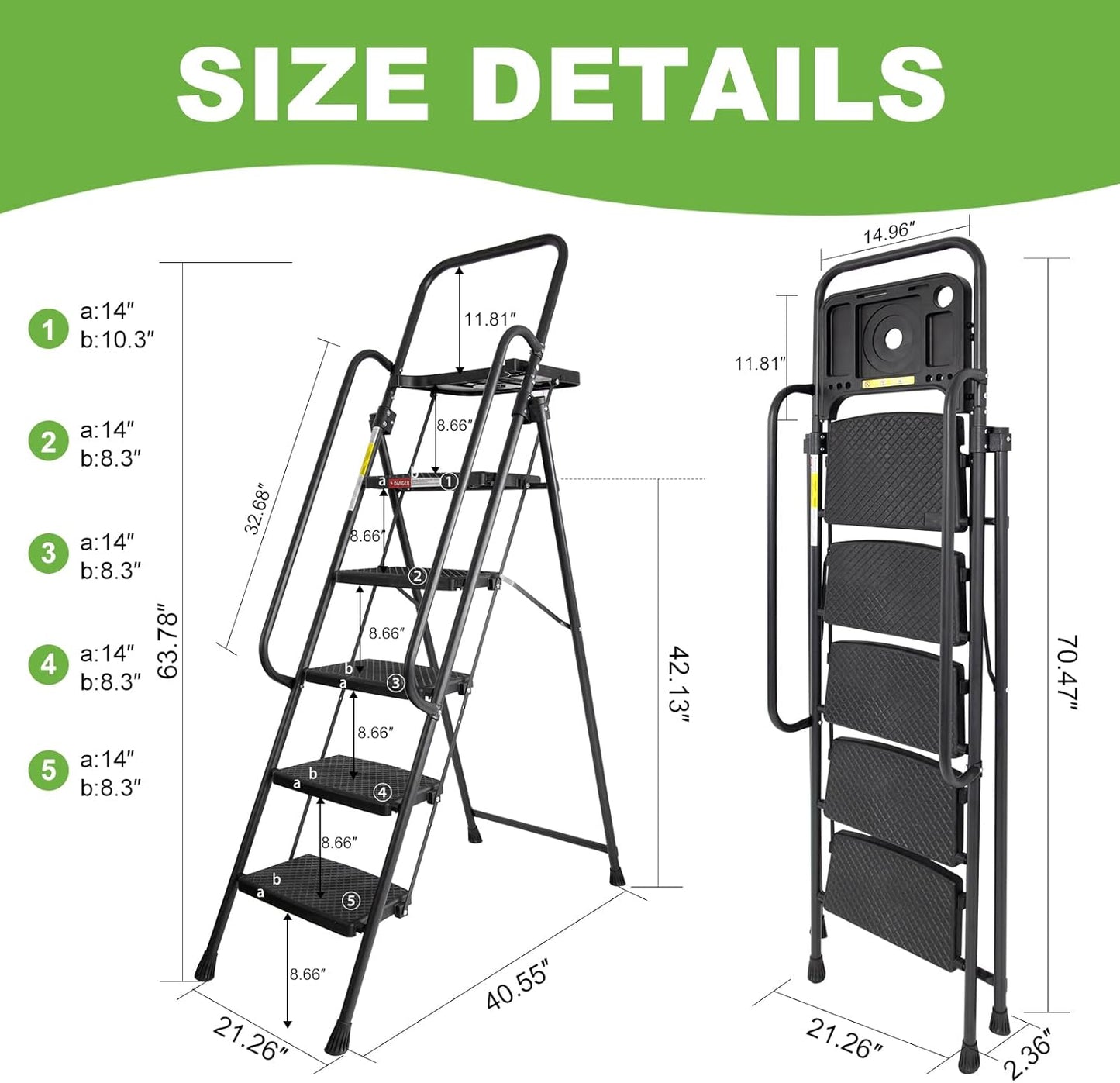 5 Step Ladder, Folding Step Stool with Handle,Tool Platform and Anti-Slip Pedal, Steel Ladder,Lightweight, Perfect for Home and Kitchen, Black