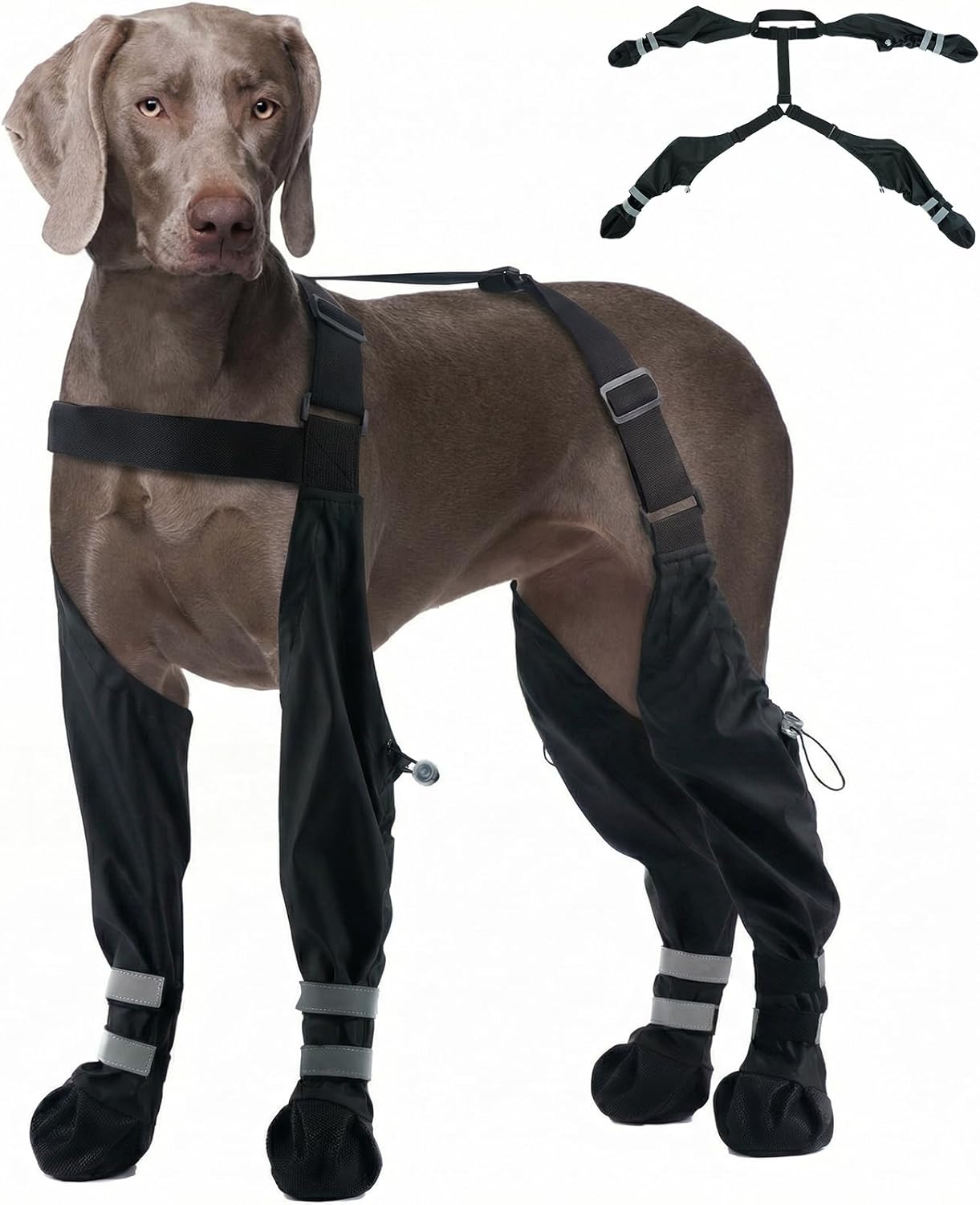 Dog Suspender Boots, Waterproof Dog Boots& Paw Protectors, Winter Snow Boot for Large Dogs, Stay-On Anti Dirt Legging Shoes for Rain & Mud, Reflective Anti-Slip Booties for Hiking, Black XXL